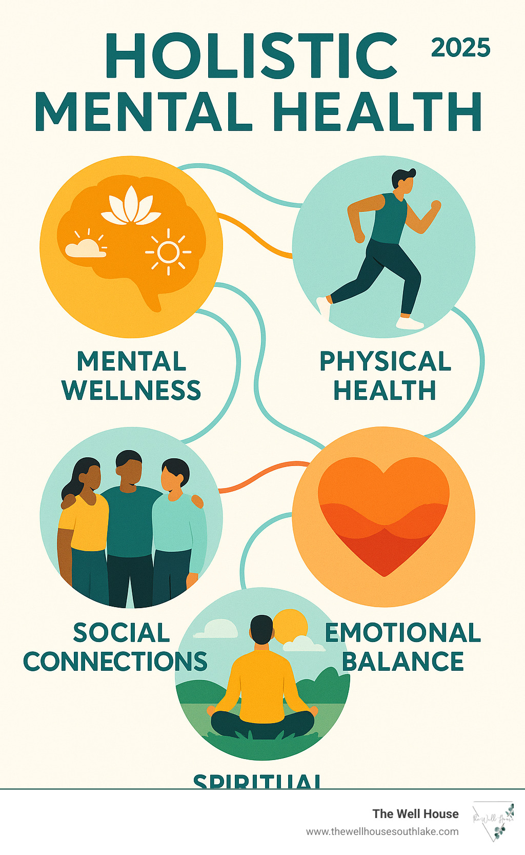 Comprehensive infographic showing the interconnected pillars of holistic mental health: Mental wellness (brain with mindfulness symbols), Physical health (person exercising), Emotional balance (heart with calming colors), Social connections (people supporting each other), and Spiritual fulfillment (person in nature), all connected by flowing lines to demonstrate their interdependence - holistic mental health infographic 