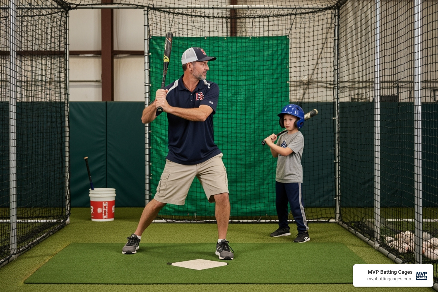 Image of a coach giving tips to a young player in a batting cage - batting cage rentals near me