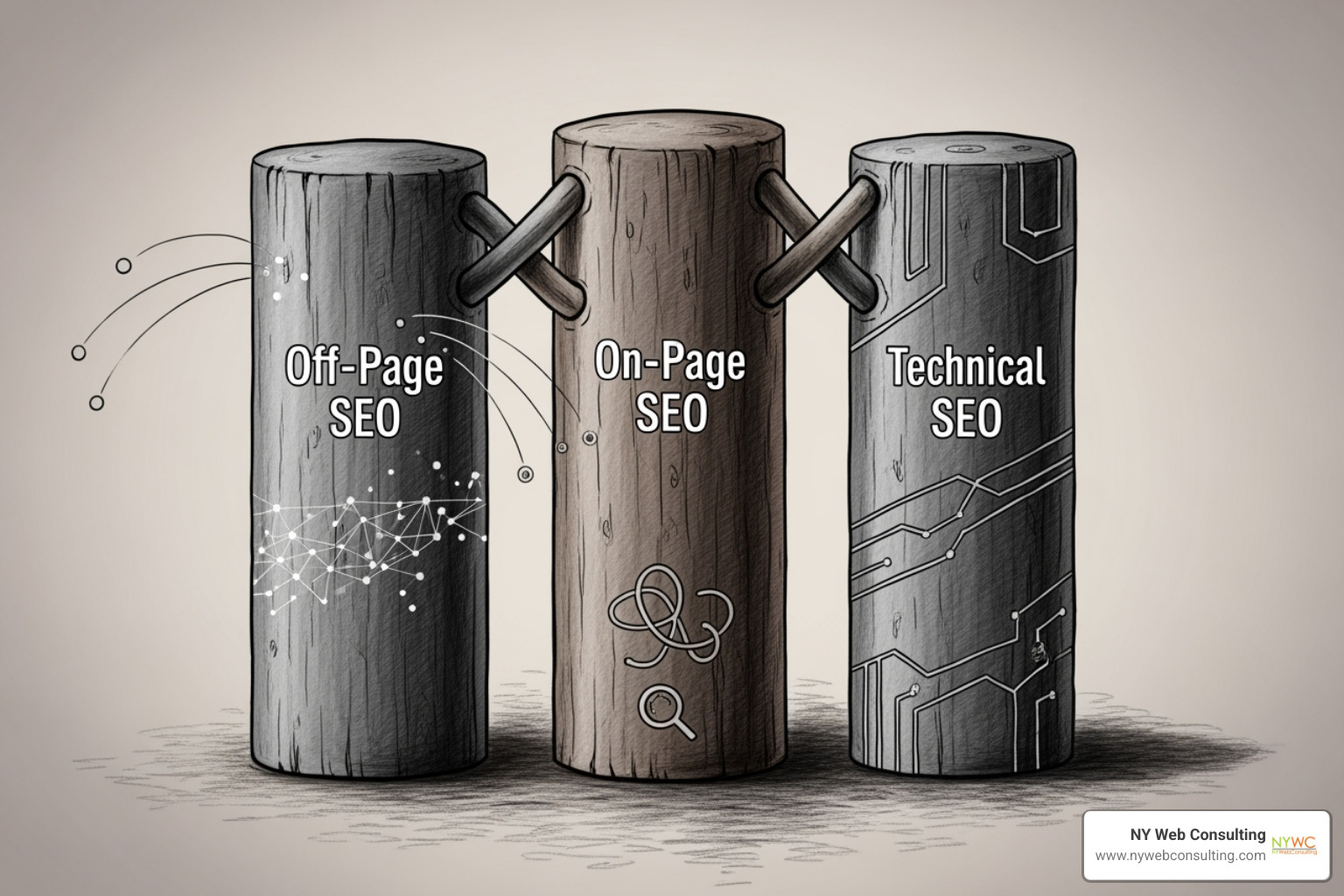 diagram showing the pillars of SEO (On-page, Off-page, Technical) - seo new york city services