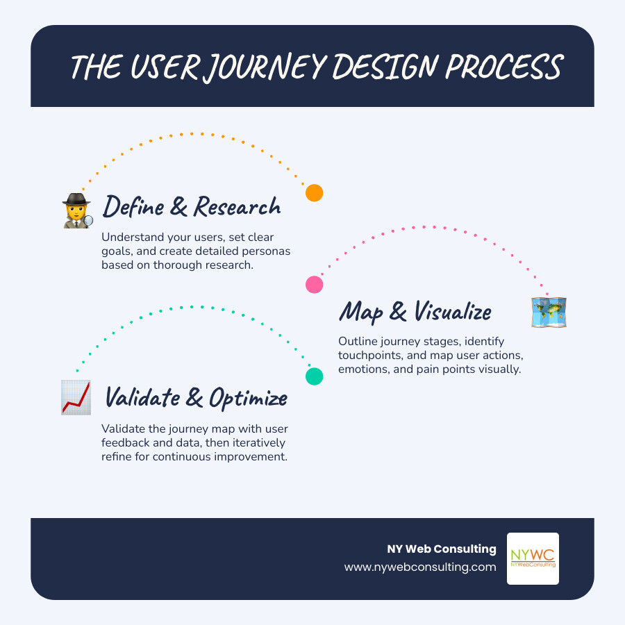 Infographic showing the complete user journey design process from initial user research through persona creation, journey mapping, touchpoint identification, emotion tracking, pain point analysis, and final optimization with feedback loops - user journey design infographic infographic-line-3-steps-blues-accent_colors Infographic showing the complete user journey design process from initial user research through persona creation, journey mapping, touchpoint identification, emotion tracking, pain point analysis, and final optimization with feedback loops - user journey design infographic infographic-line-3-steps-blues-accent_colors