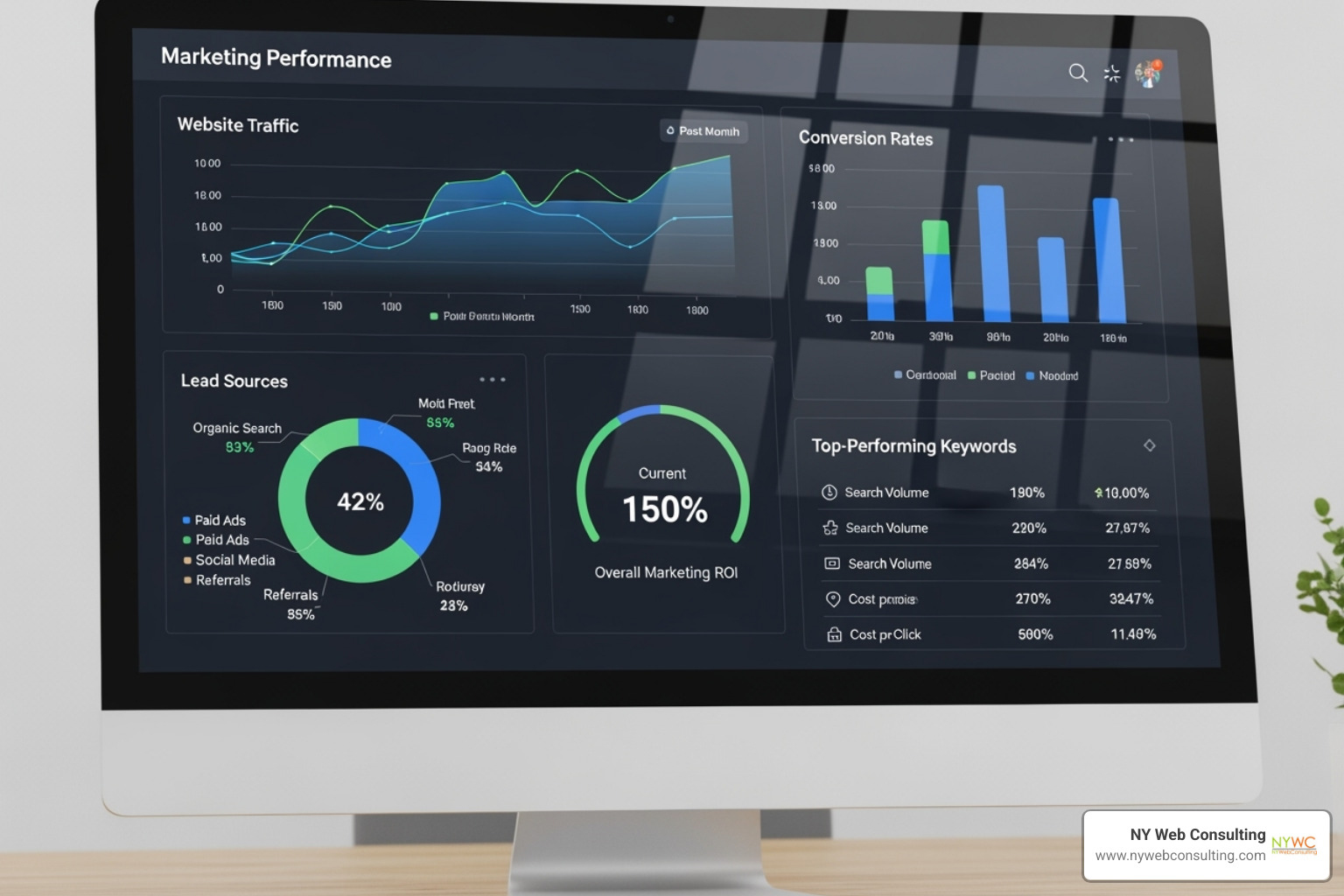 Marketing analytics dashboard displaying key performance indicators (KPIs) such as conversion rate, traffic sources, lead volume, and cost per lead - what are lead generation websites Marketing analytics dashboard displaying key performance indicators (KPIs) such as conversion rate, traffic sources, lead volume, and cost per lead - what are lead generation websites