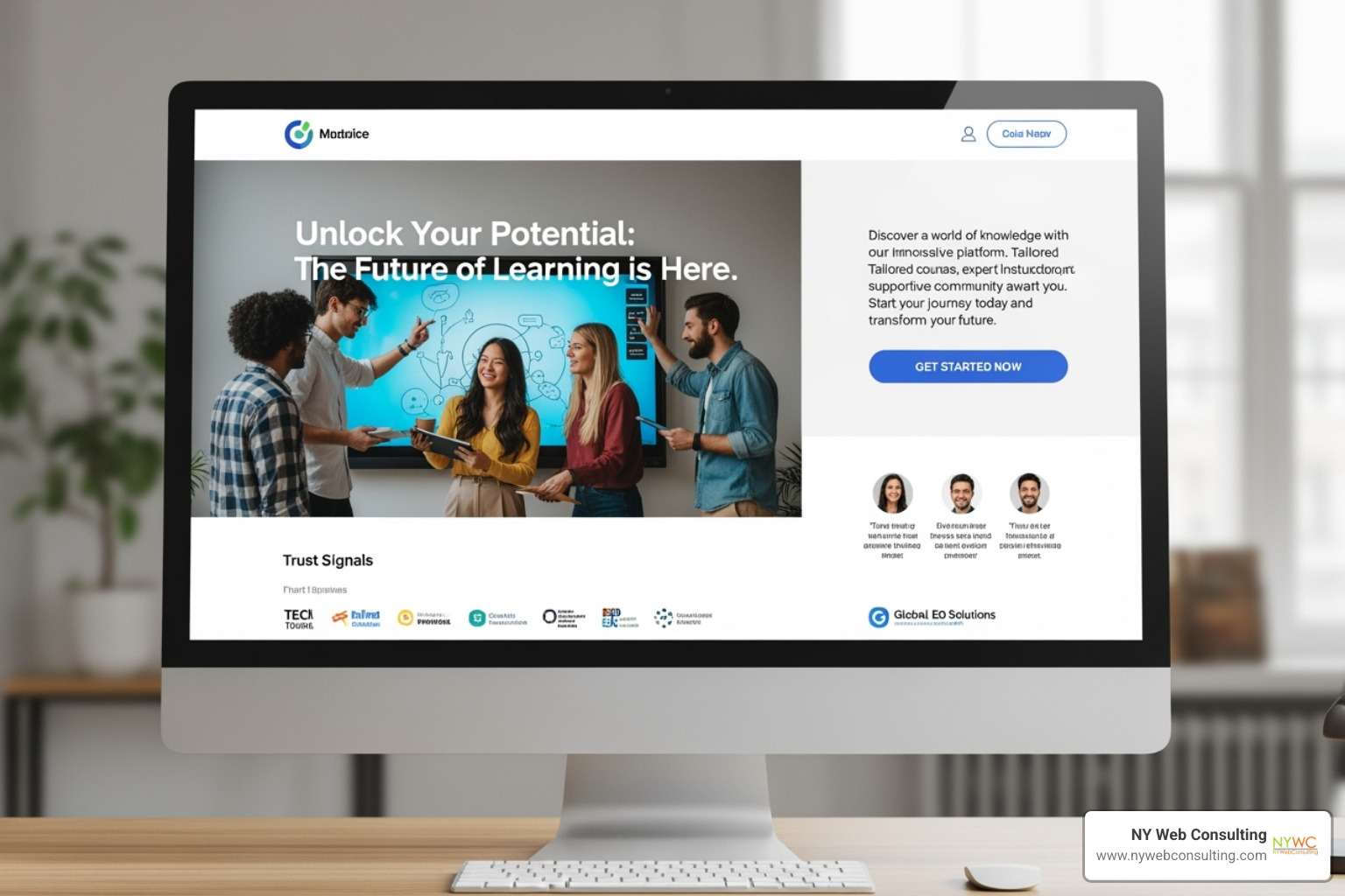 Well-designed landing page highlighting clear headline, compelling image, concise copy, prominent call-to-action, and trust signals like testimonials - what are lead generation websites Well-designed landing page highlighting clear headline, compelling image, concise copy, prominent call-to-action, and trust signals like testimonials - what are lead generation websites