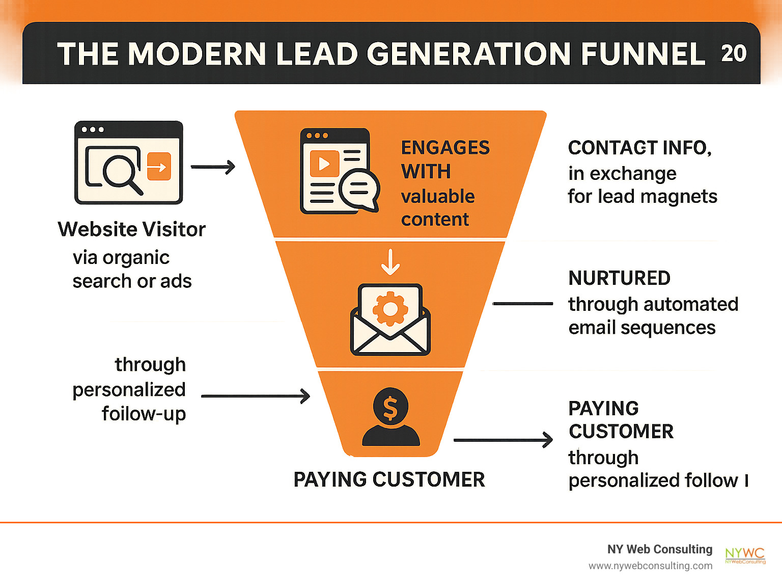 Infographic showing the modern lead generation funnel: Website visitor enters through organic search or ads, engages with valuable content or interactive tools, provides contact information in exchange for lead magnets, gets nurtured through automated email sequences, and converts into a paying customer through personalized follow-up - best lead gen websites infographic 