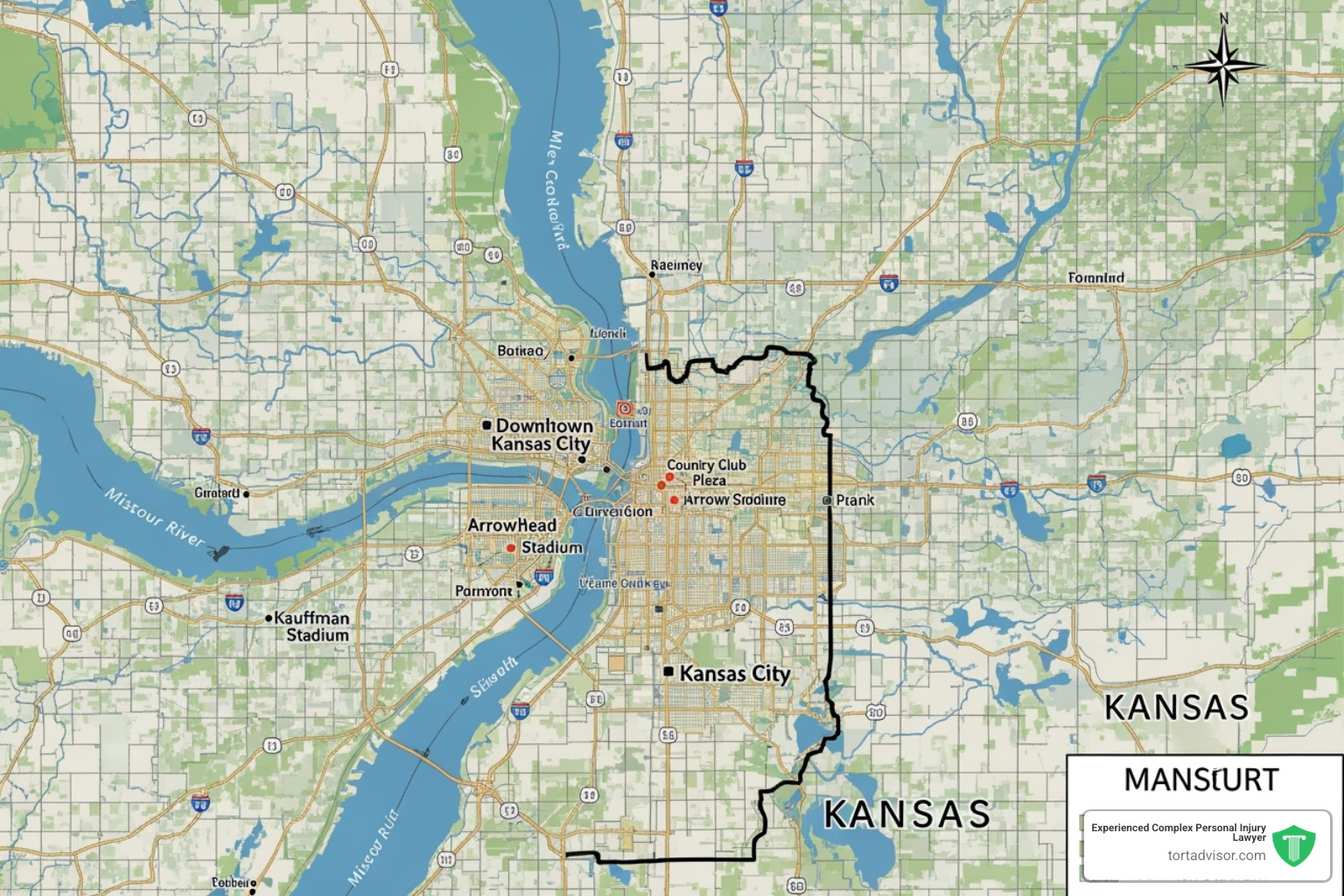 map showing Kansas City metro area across state line - motor vehicle accident attorney kansas city