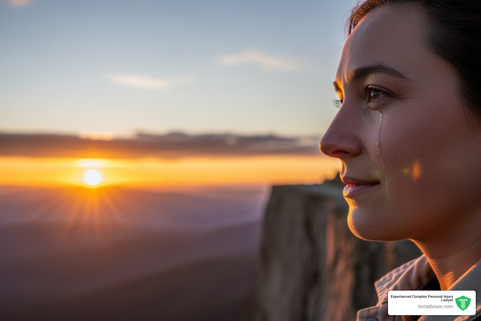 Image of a person looking relieved and hopeful, with a sunrise in the background - Disability claim assistance