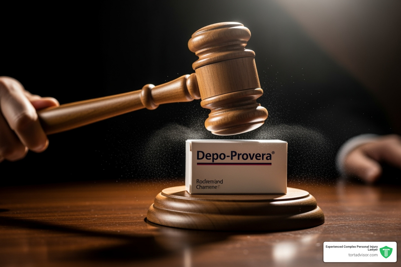 Gavel striking a Depo-Provera box, symbolizing legal action - depo provera brain tumor symptoms