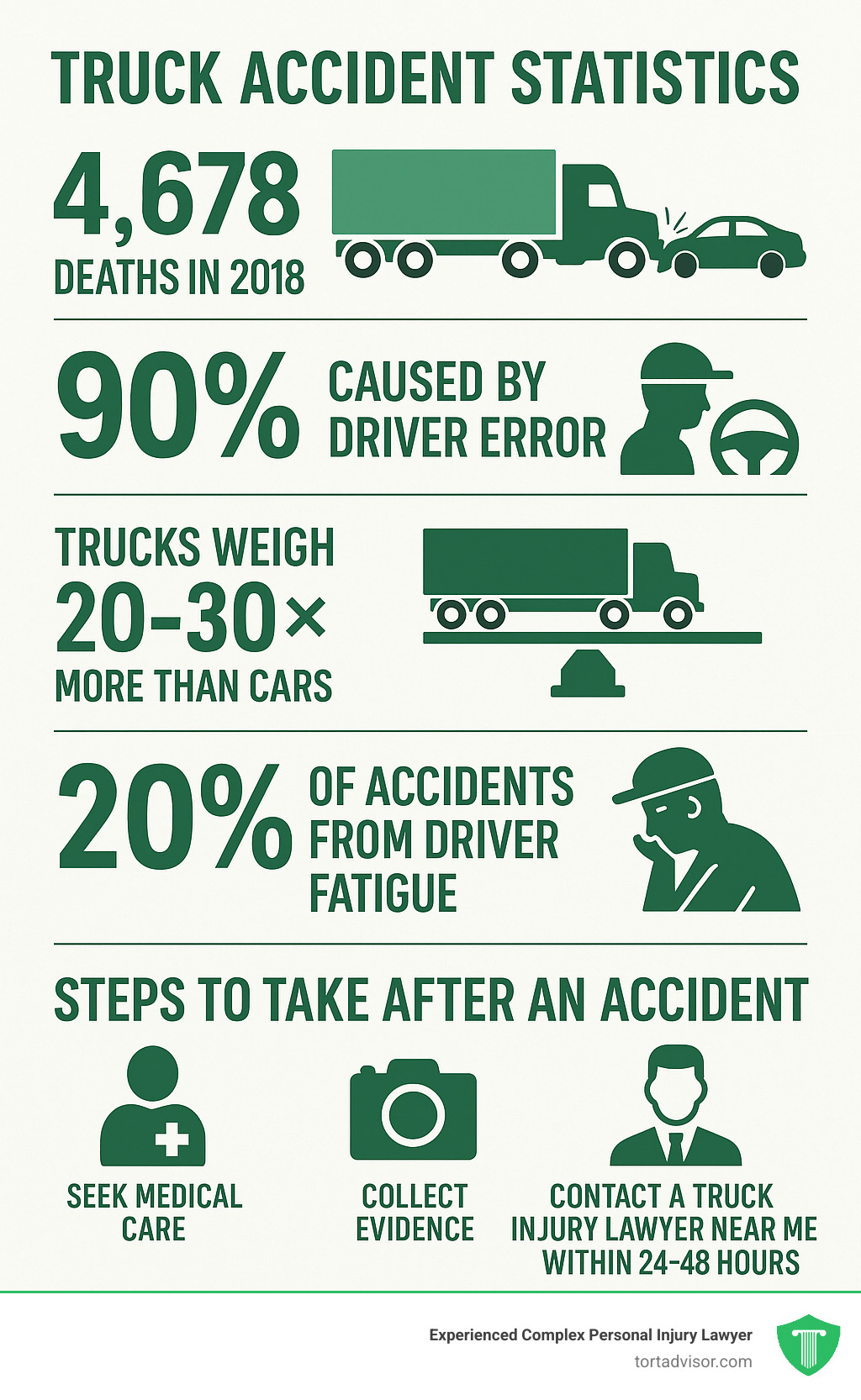Comprehensive infographic showing truck accident statistics: 4,678 deaths in 2018, 90% caused by driver error, trucks weigh 20-30x more than cars, 20% of accidents from driver fatigue, and key steps after an accident including immediate medical care, evidence collection, and contacting a specialized truck injury lawyer near me within 24-48 hours - truck injury lawyer near me infographic Comprehensive infographic showing truck accident statistics: 4,678 deaths in 2018, 90% caused by driver error, trucks weigh 20-30x more than cars, 20% of accidents from driver fatigue, and key steps after an accident including immediate medical care, evidence collection, and contacting a specialized truck injury lawyer near me within 24-48 hours - truck injury lawyer near me infographic