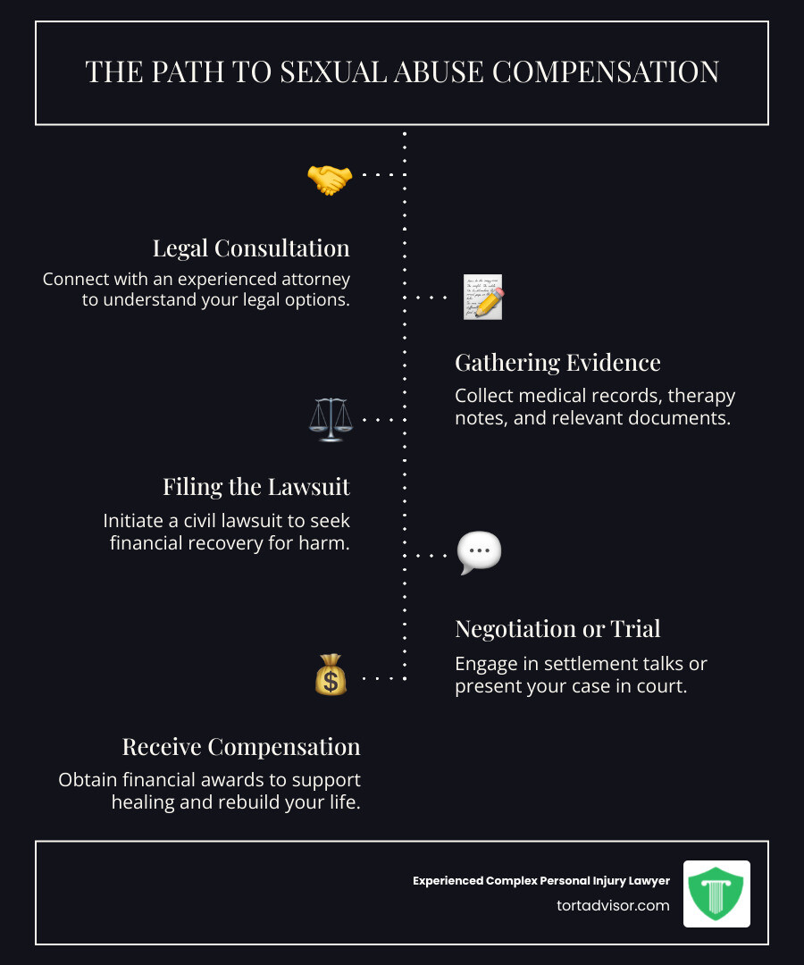 Infographic showing the journey from sexual abuse through legal consultation, evidence gathering, filing lawsuit, negotiation or trial, to final compensation settlement with icons for each stage - Sexual abuse compensation infographic infographic-line-5-steps-dark Infographic showing the journey from sexual abuse through legal consultation, evidence gathering, filing lawsuit, negotiation or trial, to final compensation settlement with icons for each stage - Sexual abuse compensation infographic infographic-line-5-steps-dark
