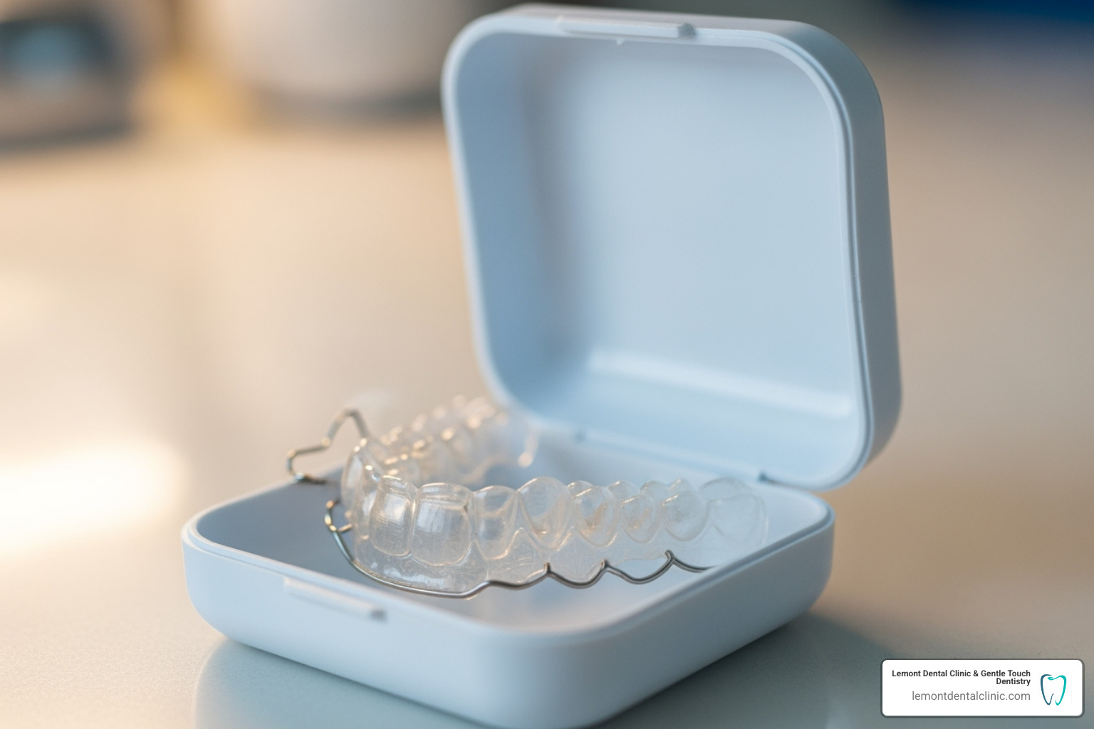 A clear retainer in its case, symbolizing the retention phase - Braces Lemont IL A clear retainer in its case, symbolizing the retention phase - Braces Lemont IL