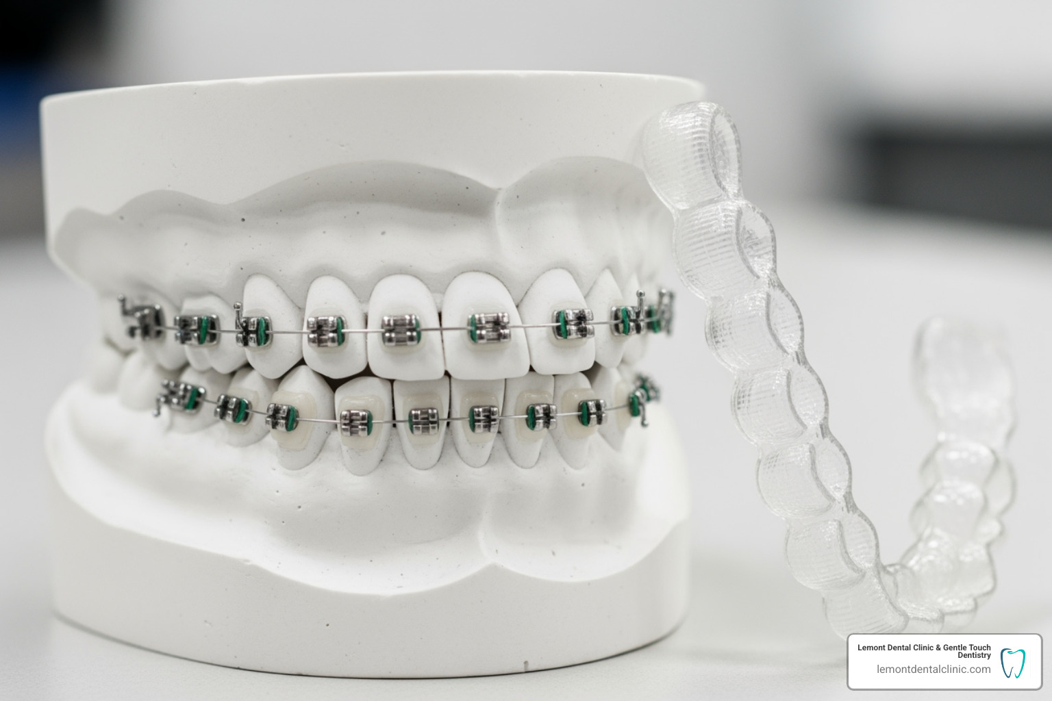 Different types of braces on a dental model, showing metal, ceramic, and clear aligners - Braces Lemont IL Different types of braces on a dental model, showing metal, ceramic, and clear aligners - Braces Lemont IL