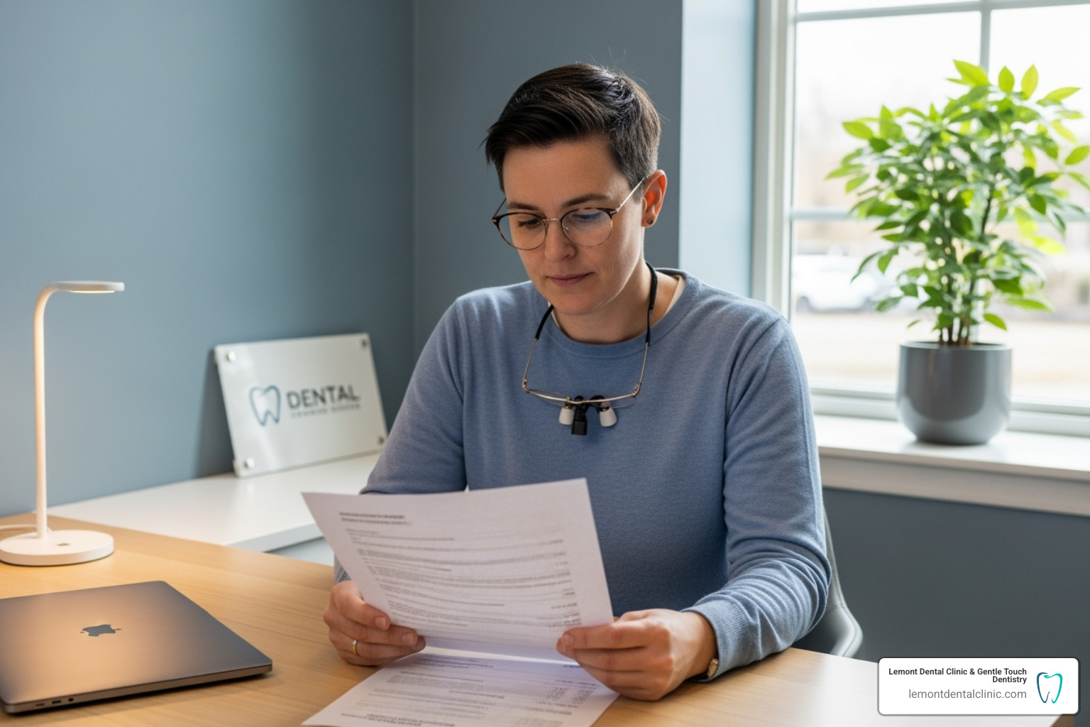 Person reviewing a payment plan document for dental treatment - Braces Lemont IL Person reviewing a payment plan document for dental treatment - Braces Lemont IL