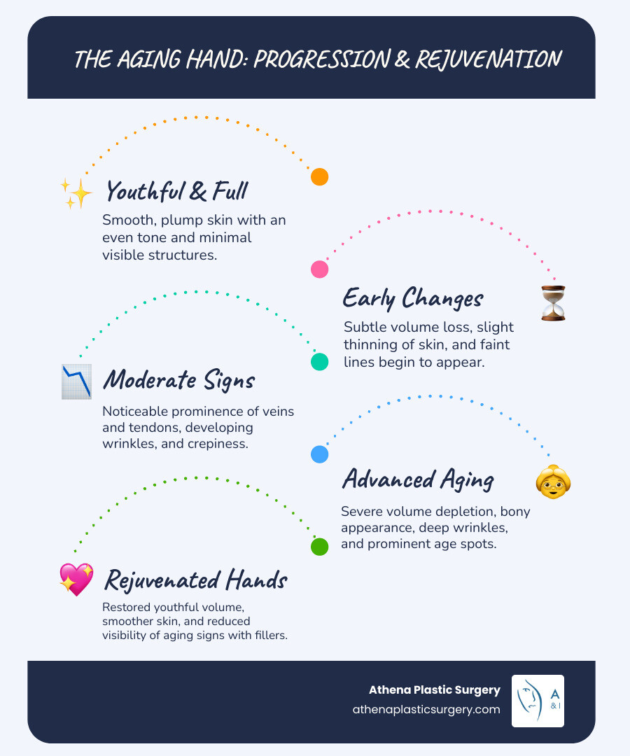 Infographic showing the progression of hand aging from youthful hands with plump skin and minimal visible veins to aged hands with prominent veins, visible tendons, volume loss, wrinkles, and age spots, along with treatment options including hyaluronic acid and calcium hydroxyapatite fillers - hand rejuvenation filler infographic infographic-line-5-steps-blues-accent_colors