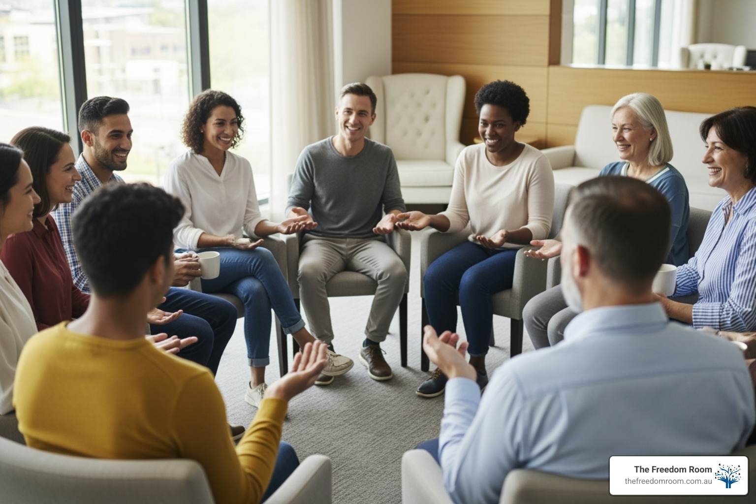 A diverse group of individuals, representing various ages and backgrounds, are seated in a circle, smiling and engaged in supportive conversation, symbolising a strong community and peer support network. - evidence based alcohol treatment