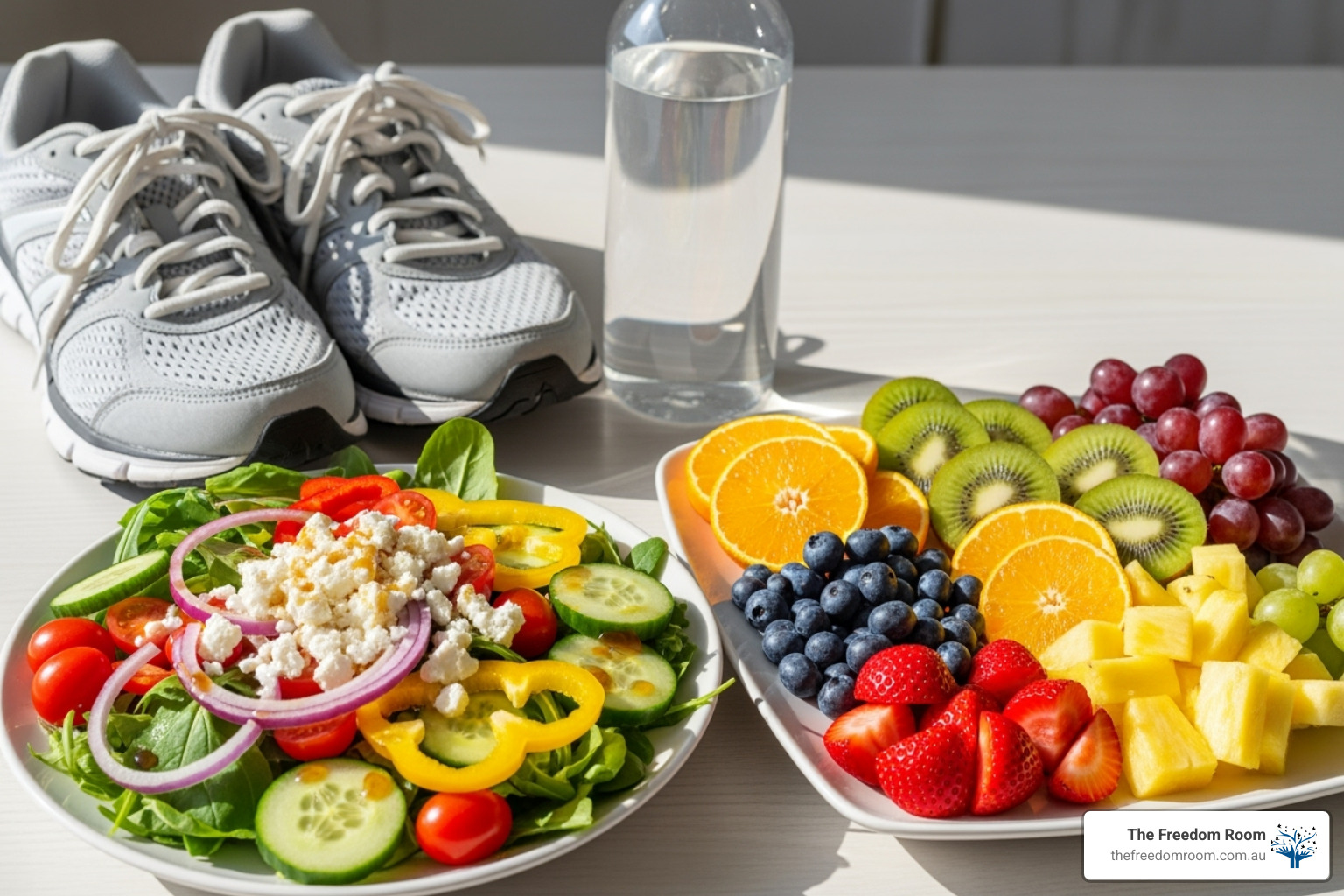 A vibrant image showcasing a healthy meal, such as a colourful salad or fruit platter, next to a pair of athletic running shoes and a water bottle, symbolising the importance of diet and exercise in a healthy lifestyle - mental health relapse prevention strategies