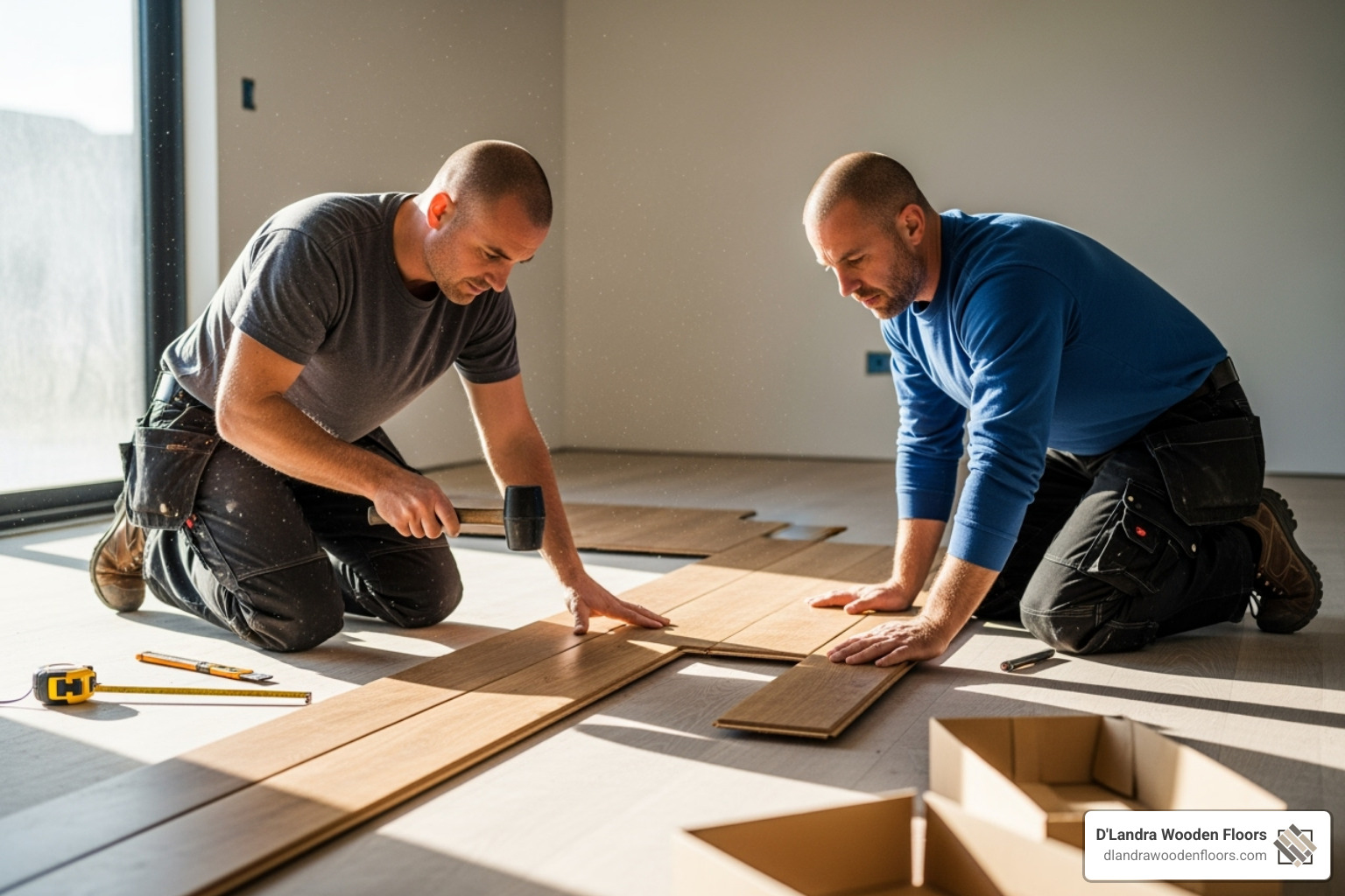 Image of installers carefully laying down hardwood planks - hardwood flooring and installation