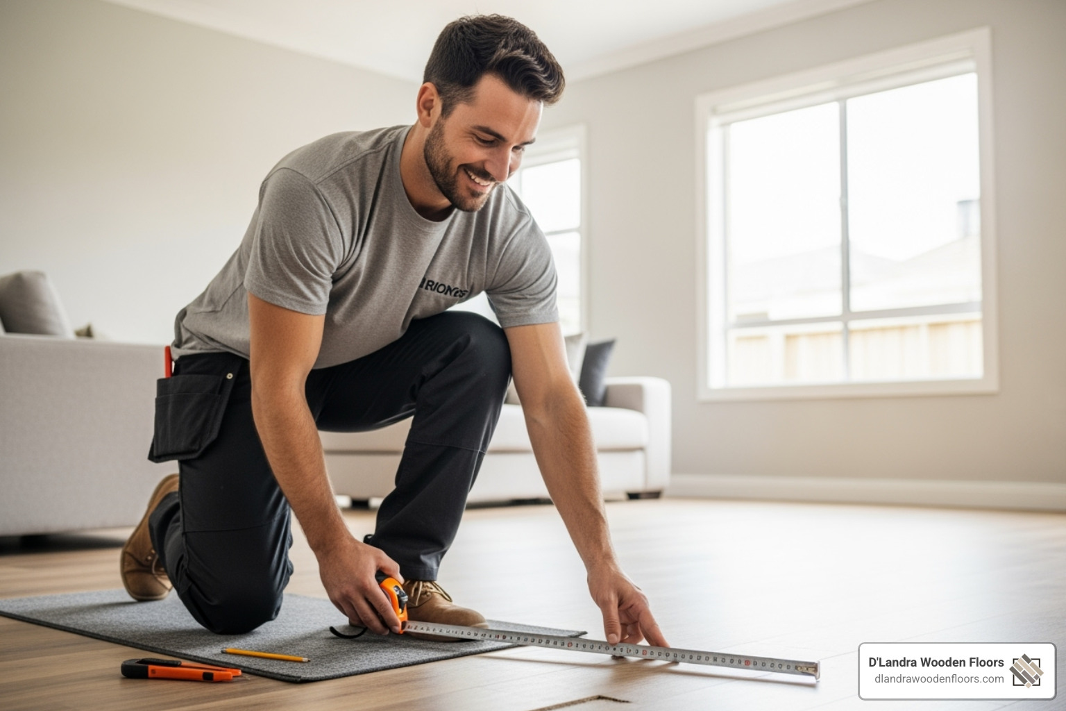 Image of a friendly flooring installer taking measurements in a customer's home; Professional installation; customer service; local expertise; shop-at-home service. - flooring south florida