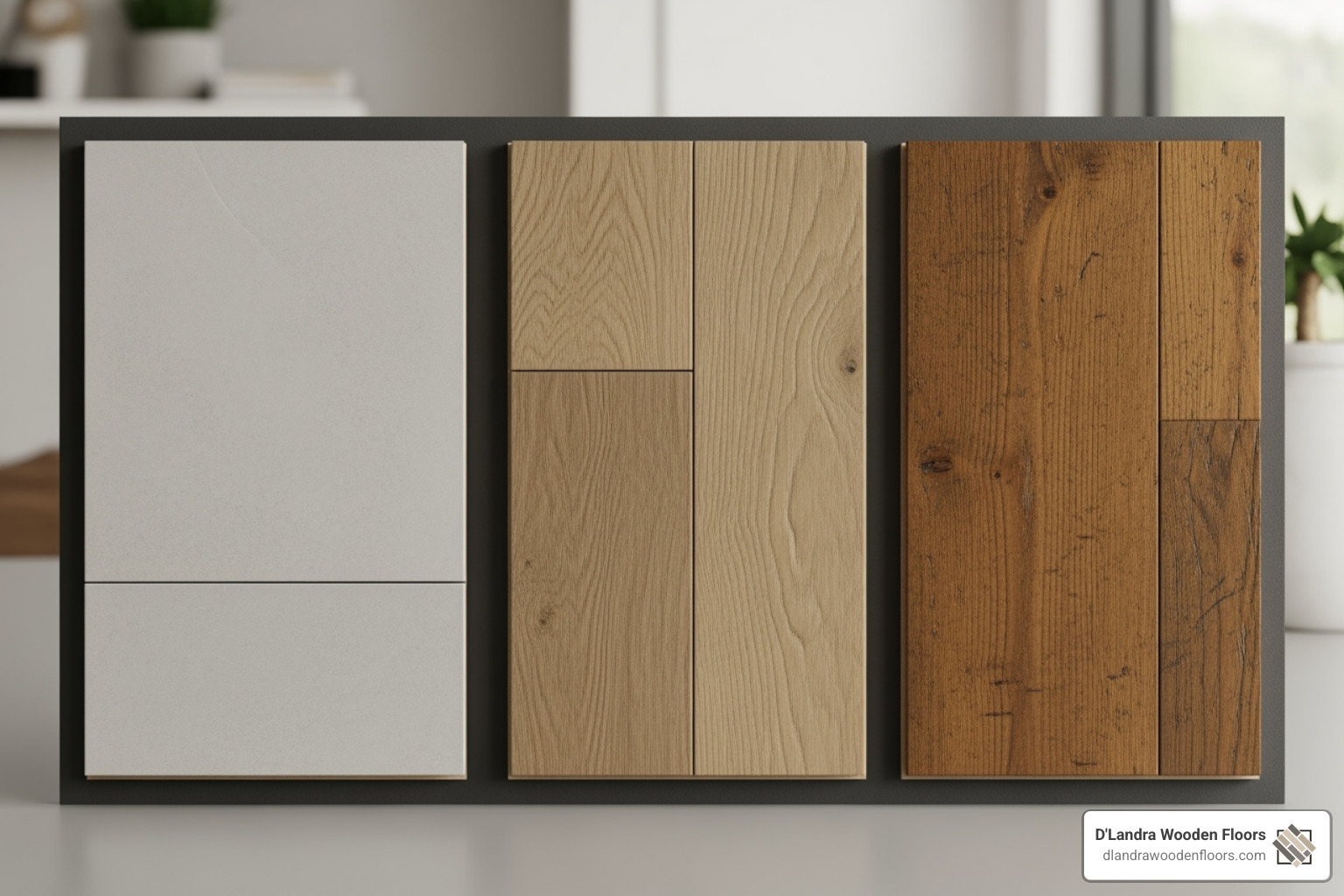 Image of a flooring sample board showing tile, luxury vinyl, and engineered hardwood options; Durability; water resistance; maintenance; budget; style; South Florida homes. - flooring south florida