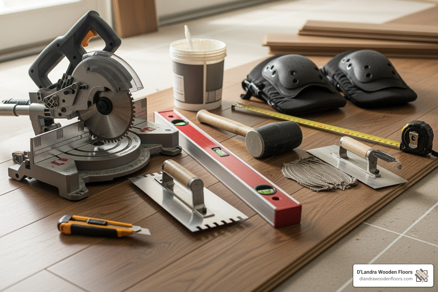 Image of professional tools used for flooring installation laid out neatly; DIY pros and cons; professional installation benefits; South Florida challenges. - flooring south florida