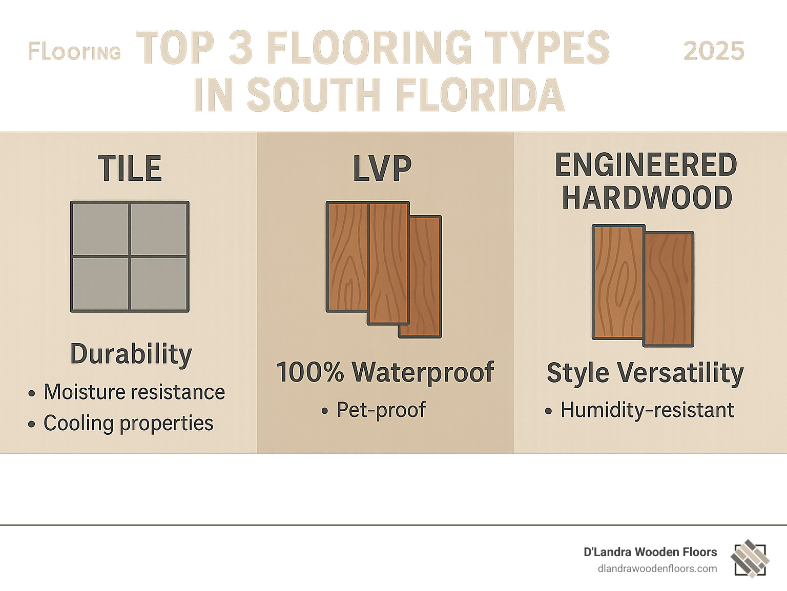 Infographic showing the top 3 most popular flooring types in South Florida: Tile with durability benefits including moisture resistance and cooling properties, LVP with 100% waterproof protection and pet-proof features, and Engineered Hardwood with style versatility and humidity-resistant construction - flooring south florida infographic 