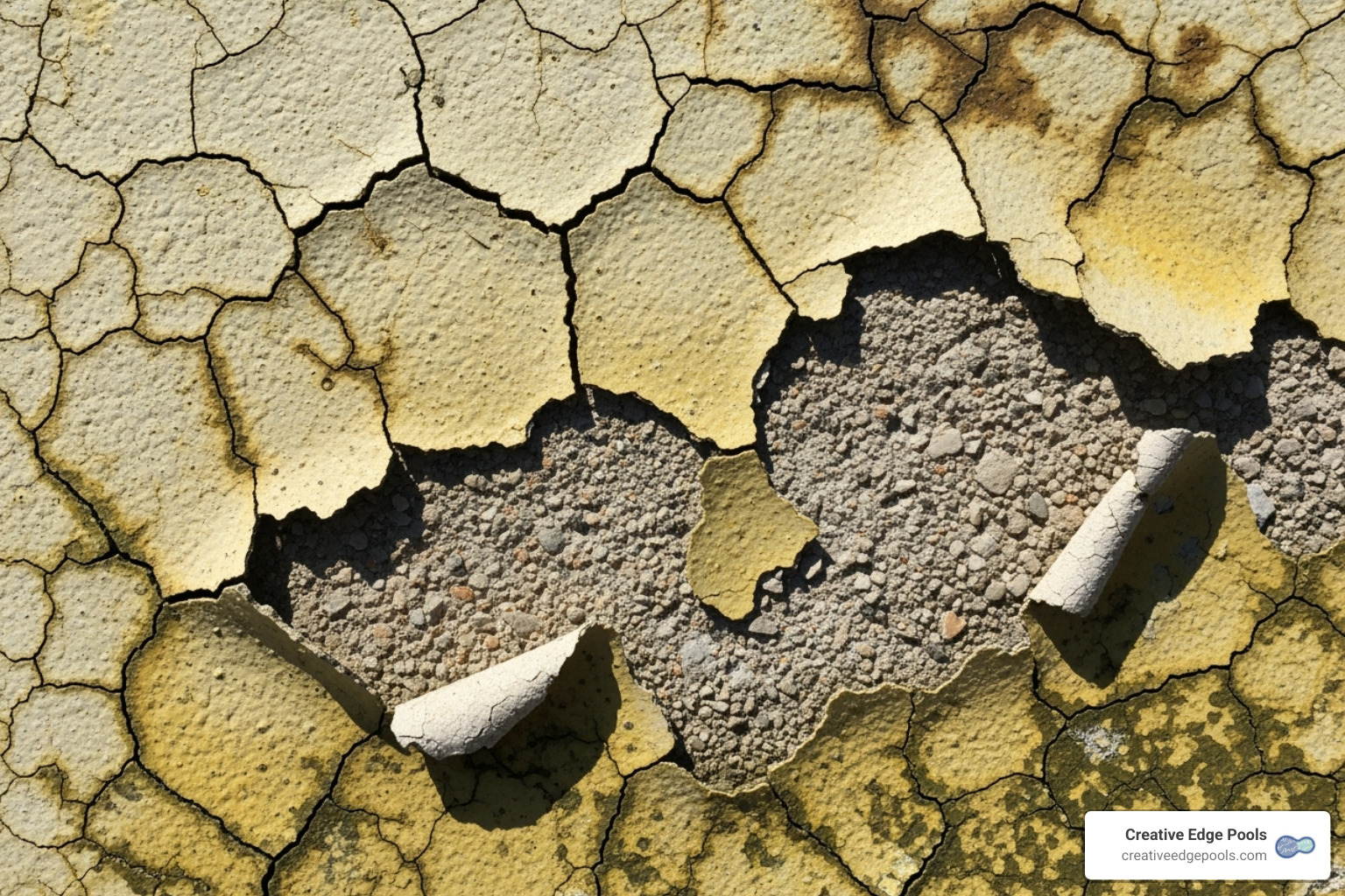 Close-up shot showing cracks and stains on an old pool plaster surface. - resurface swimming pool