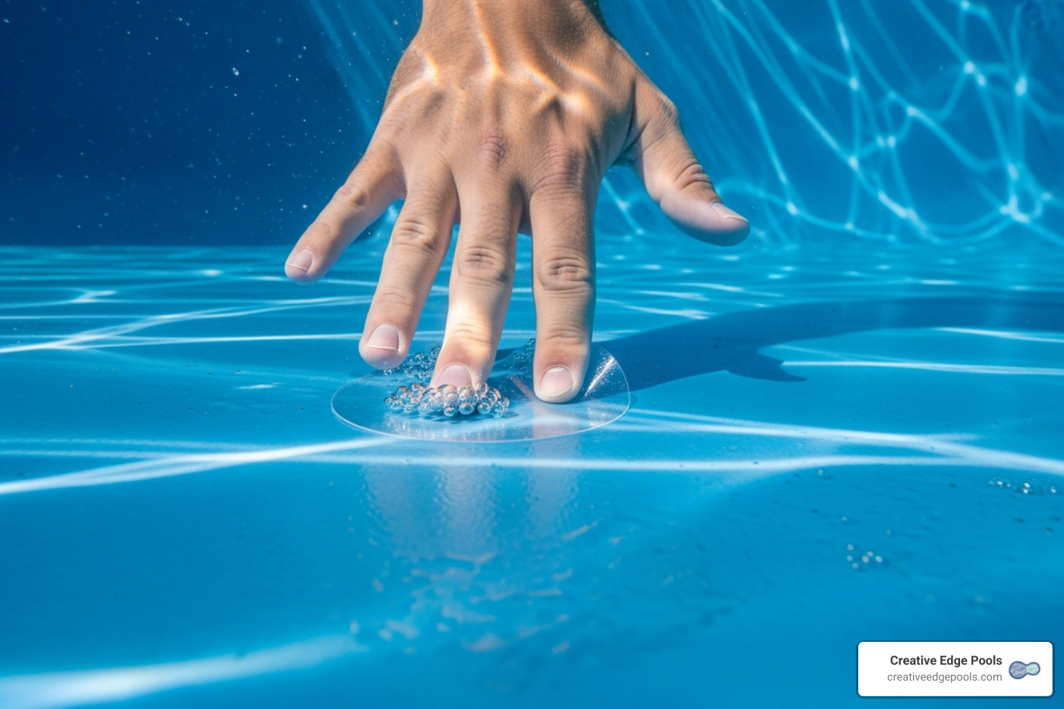 a hand pressing a clear patch onto a liner underwater - vinyl pool patch glue