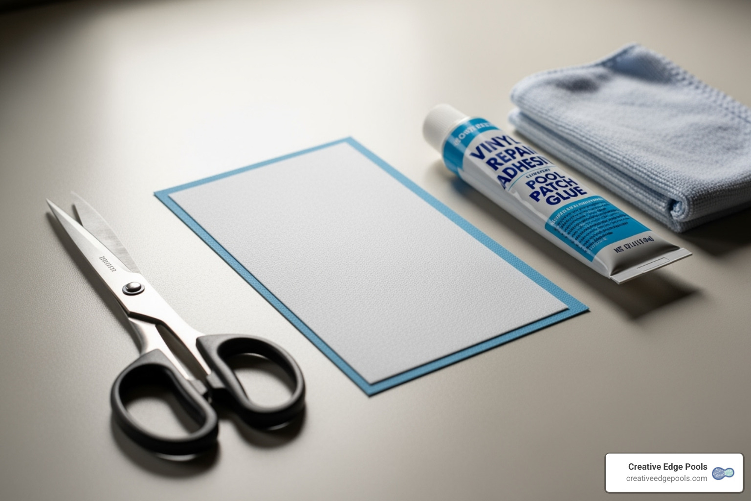 tools for a dry patch repair: patch material, scissors, adhesive, and a cleaning cloth - vinyl pool patch glue
