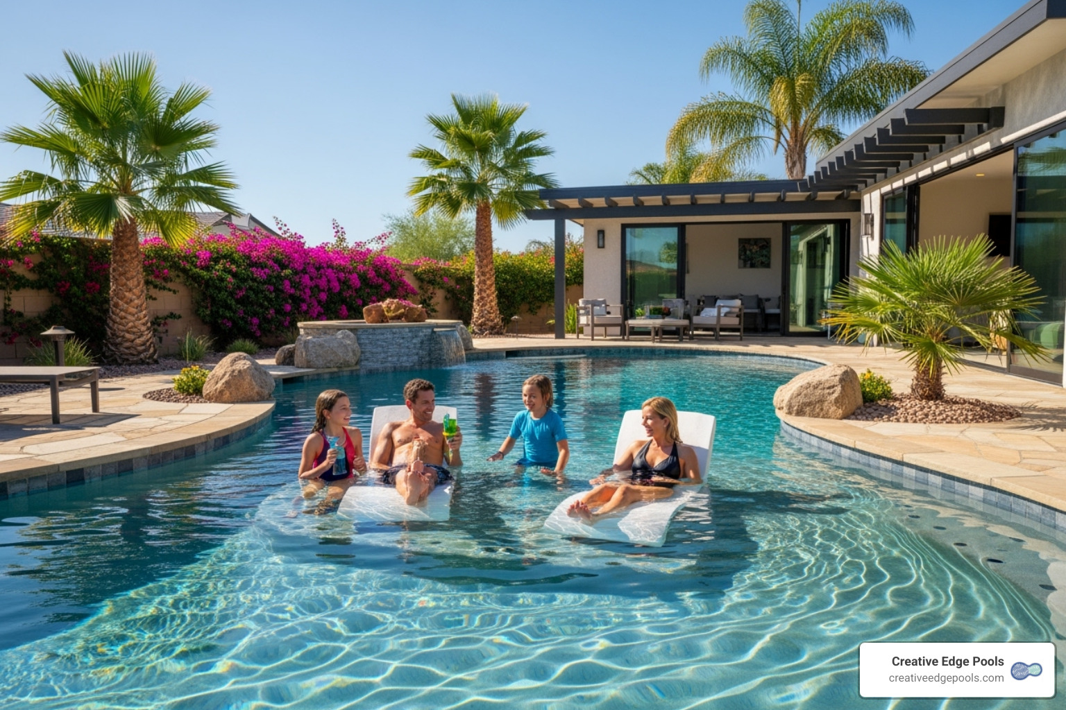 image of a family enjoying a beautiful gunite backyard pool - average cost to install above ground pool liner