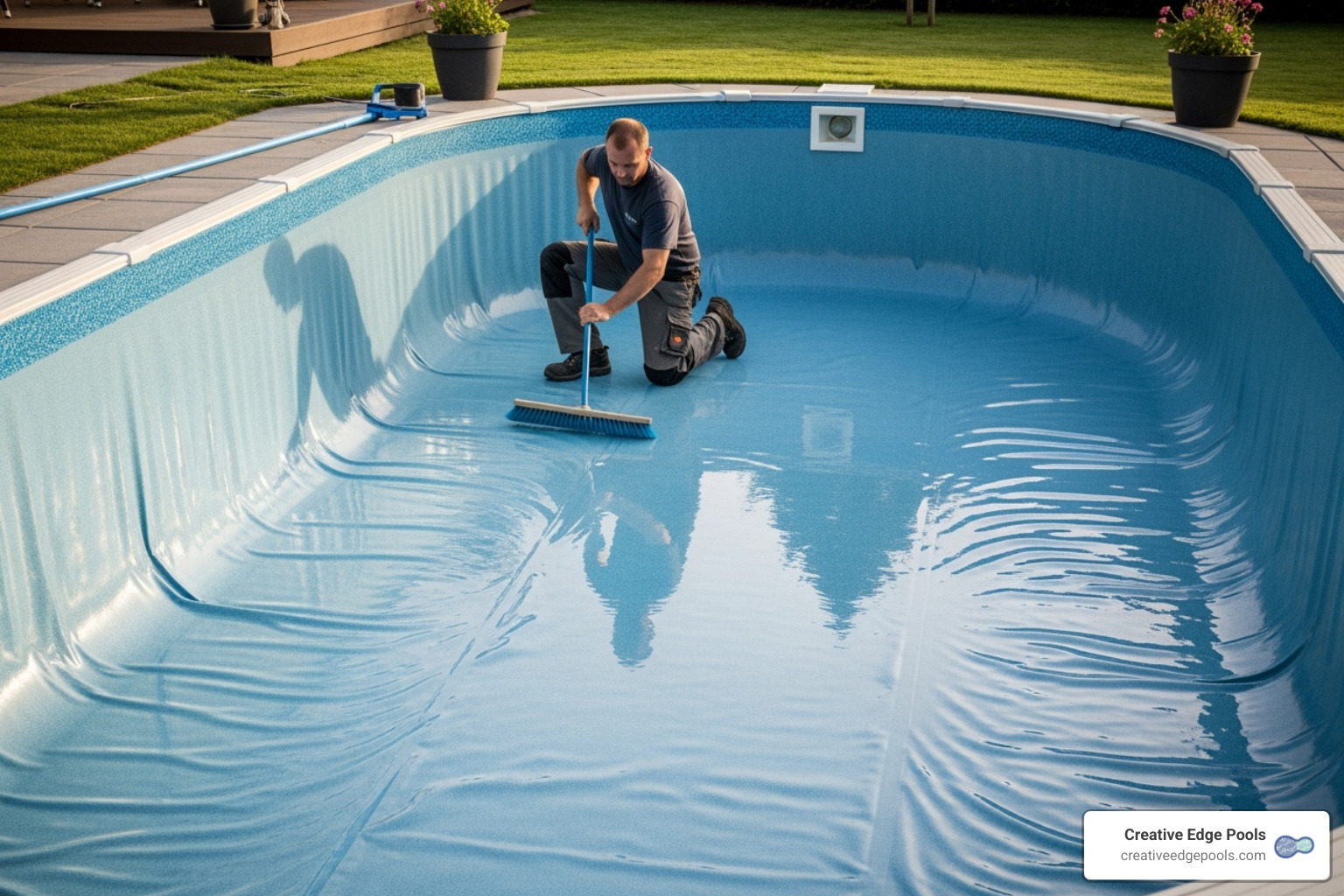 image of a professional pool installer smoothing out a new liner inside an above ground pool - average cost to install above ground pool liner