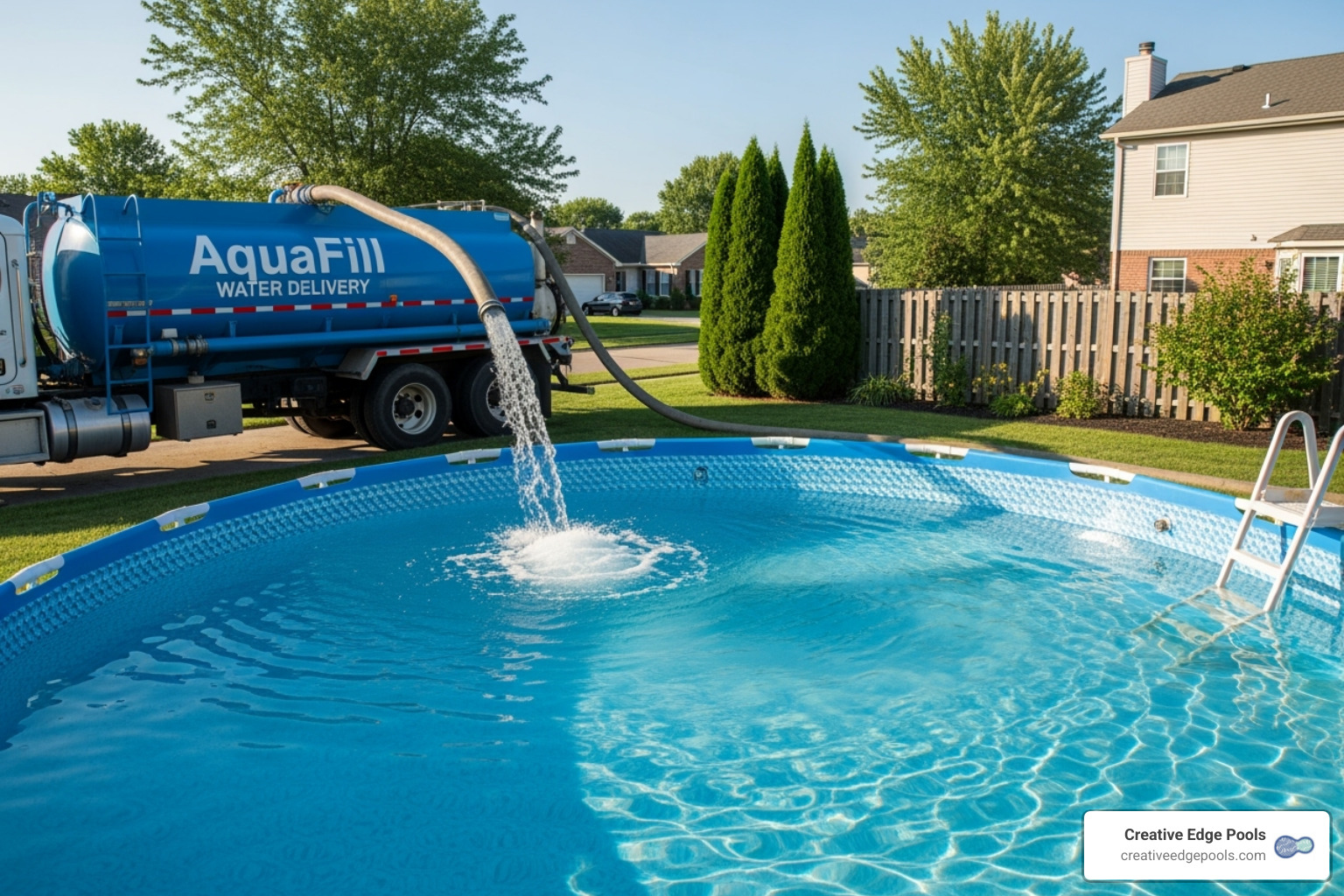 image of a water truck refilling a swimming pool - average cost to install above ground pool liner