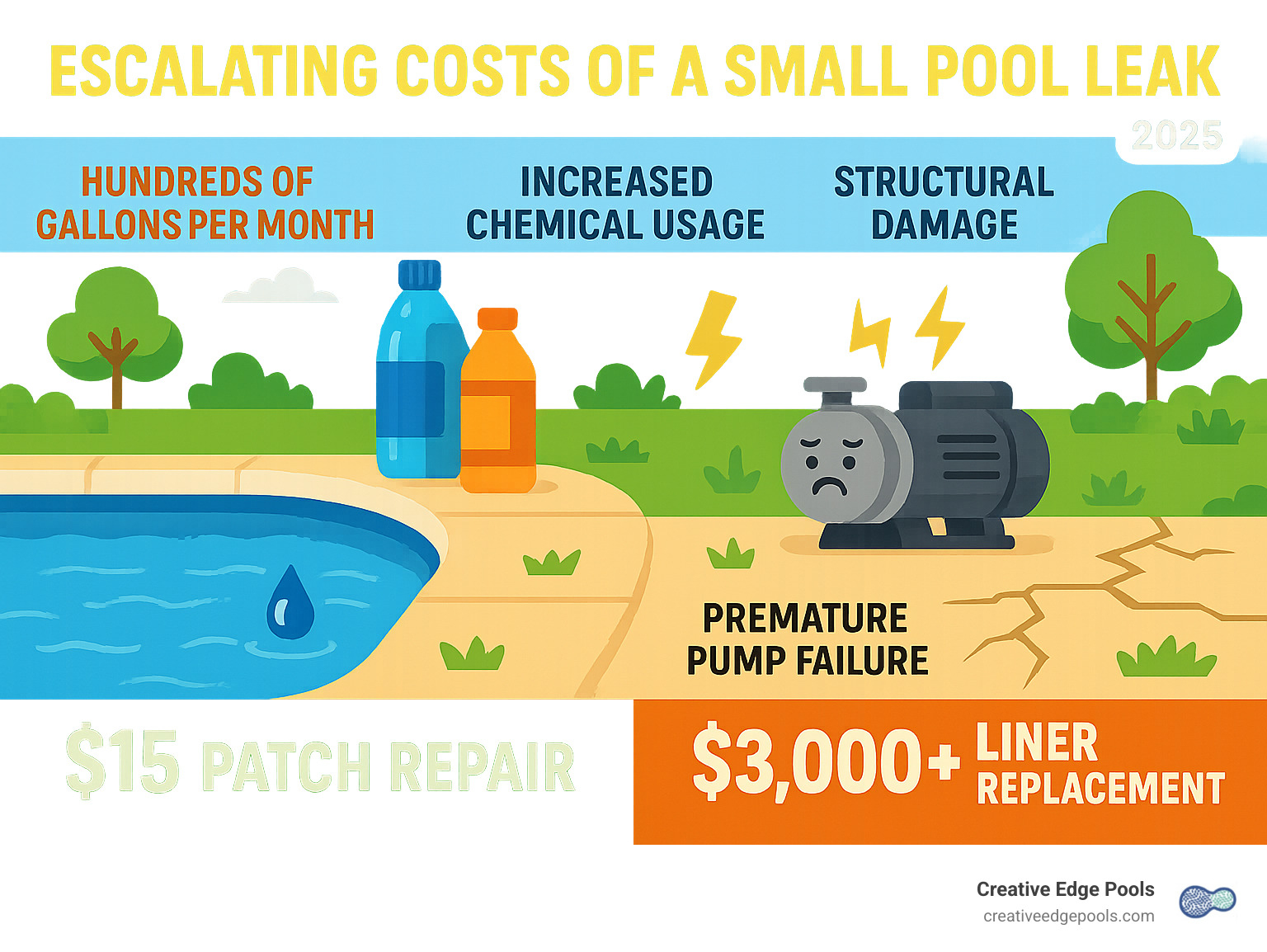Infographic showing the escalating costs of a small pool leak over time, including water waste (hundreds of gallons per month), increased chemical usage, equipment strain leading to premature pump failure, potential structural damage to pool deck and surrounding landscape, and comparison of $15 patch repair cost versus $3,000+ liner replacement - vinyl pool patch glue infographic 