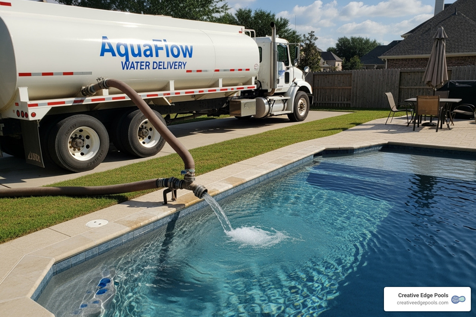 of a water delivery truck filling a large swimming pool - how much does it cost to fill a pool of a water delivery truck filling a large swimming pool - how much does it cost to fill a pool