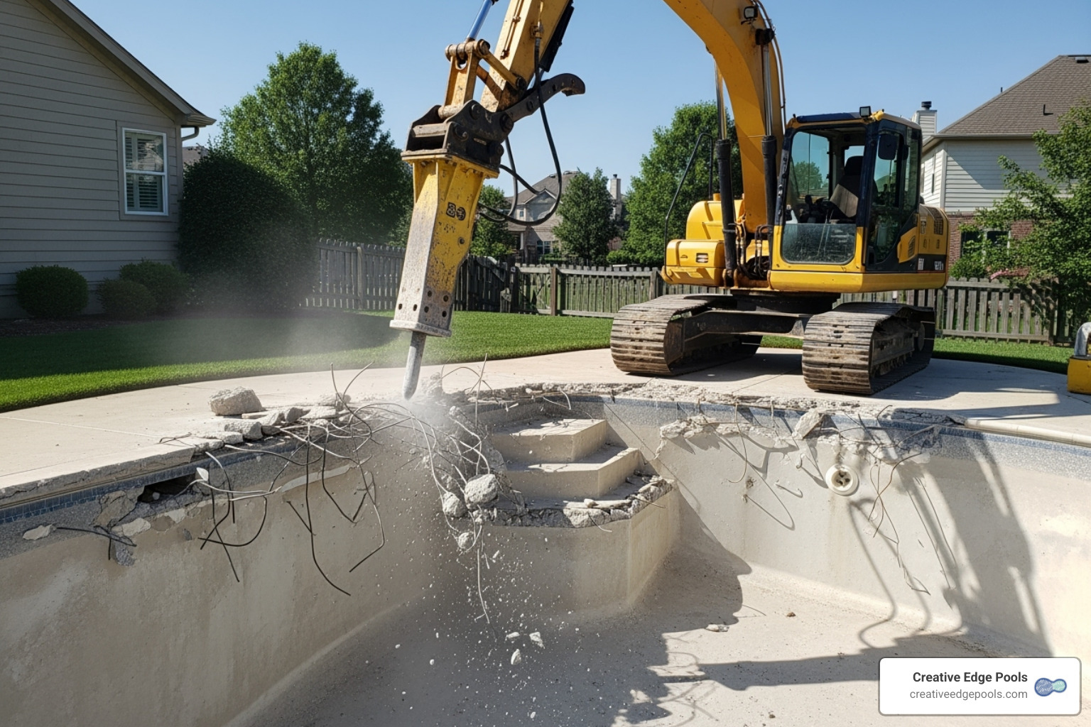 heavy machinery like an excavator with a hydraulic hammer breaking up a concrete pool shell - concrete pool removal
