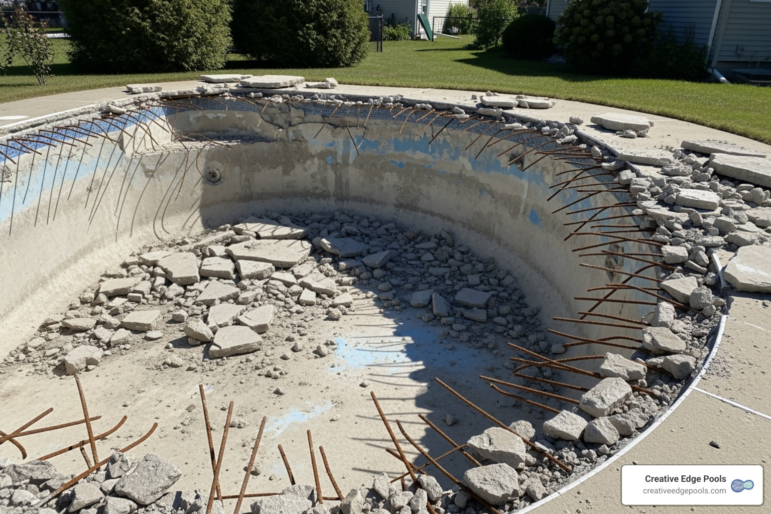 half-demolished pool showing rebar and broken concrete - concrete pool removal
