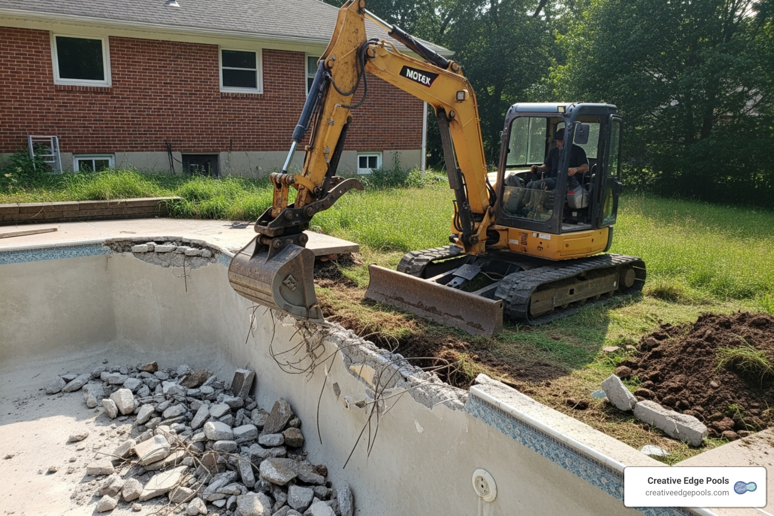 excavation equipment carefully working in a residential backyard - pool removal services
