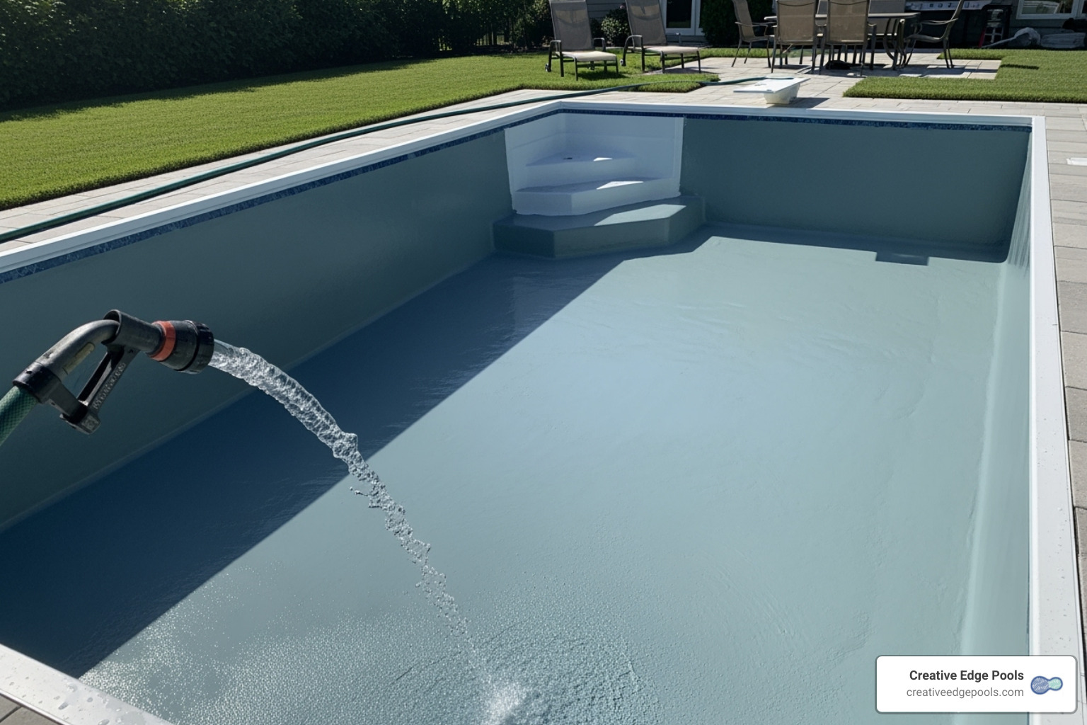 New gunite pool surface being filled with water - pool filling service cost