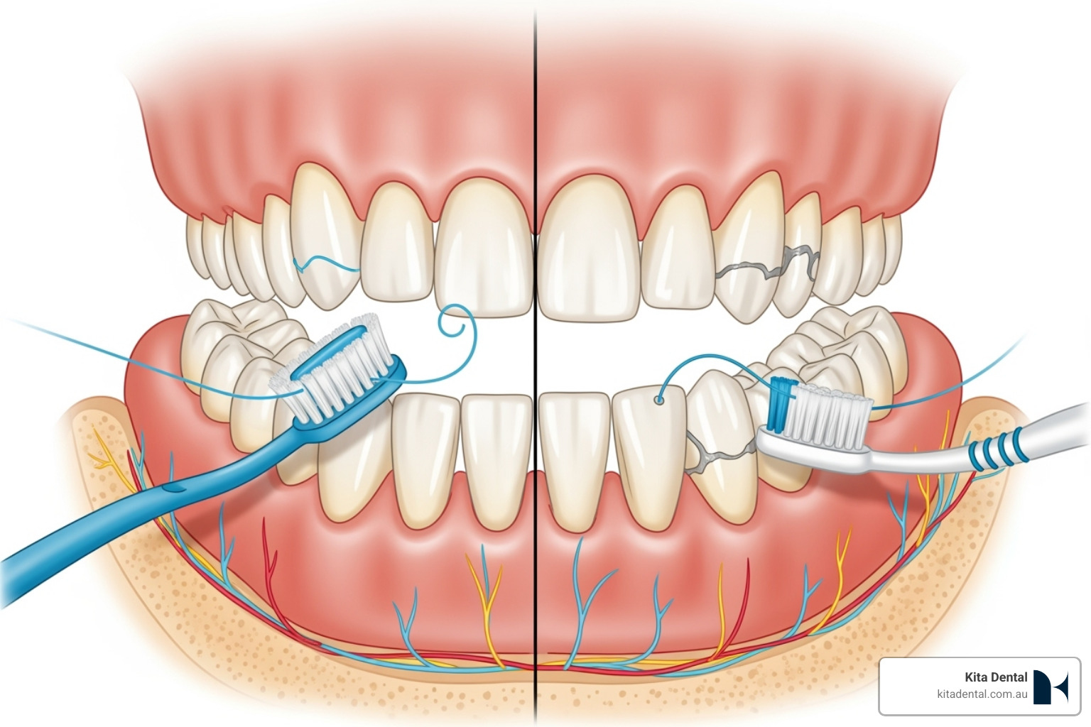 Illustration showing healthy gums around dental implants - Dental implant care Illustration showing healthy gums around dental implants - Dental implant care