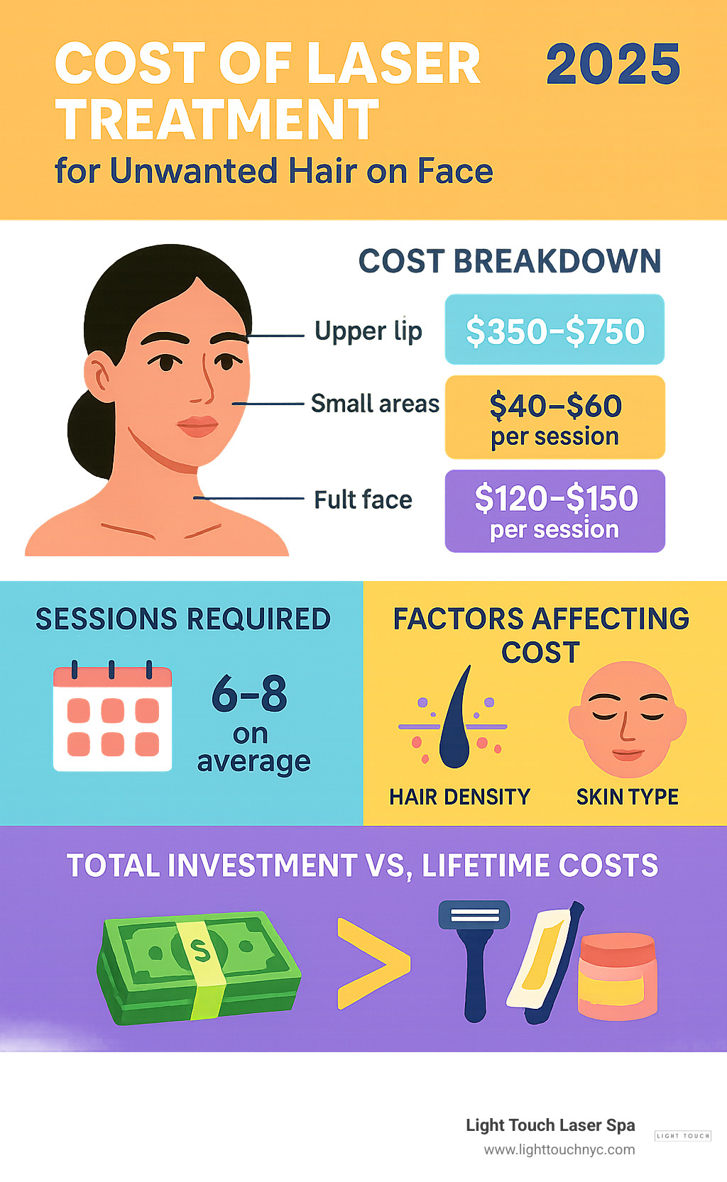 Infographic showing facial laser hair removal cost breakdown by treatment area, number of sessions required, factors affecting pricing including hair density and skin type, and comparison of total investment versus lifetime costs of traditional hair removal methods - cost of laser treatment for unwanted hair on face infographic 
