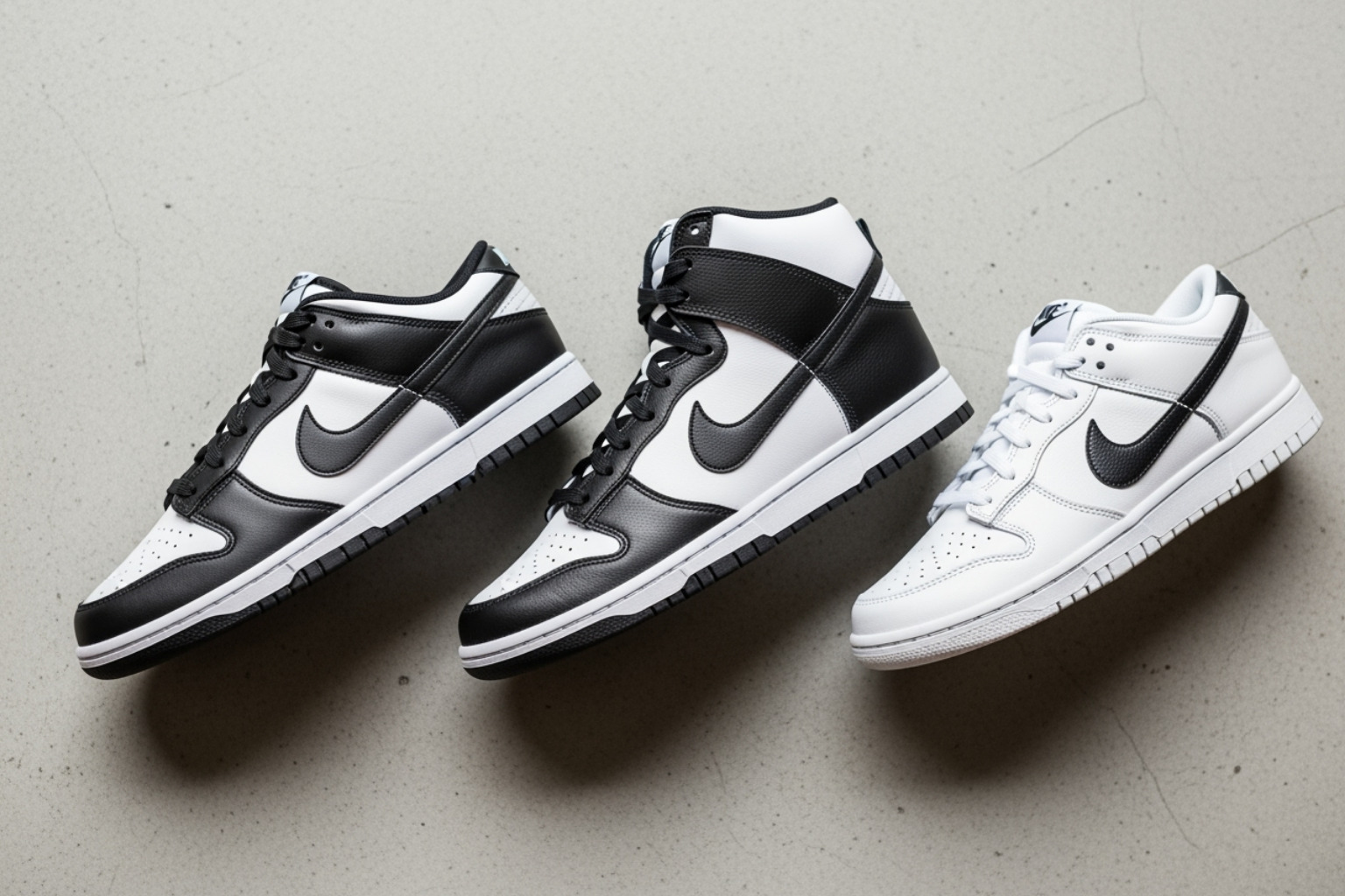 Image comparing the Dunk Low, Dunk High, and Next Nature 'Panda' versions side-by-side. - panda dunks
