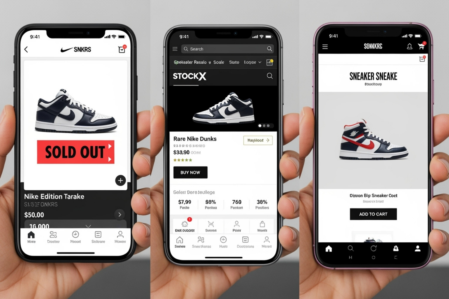 Image showing screenshots of the Nike SNKRS app, a resale marketplace, and a boutique sneaker store website - panda dunks