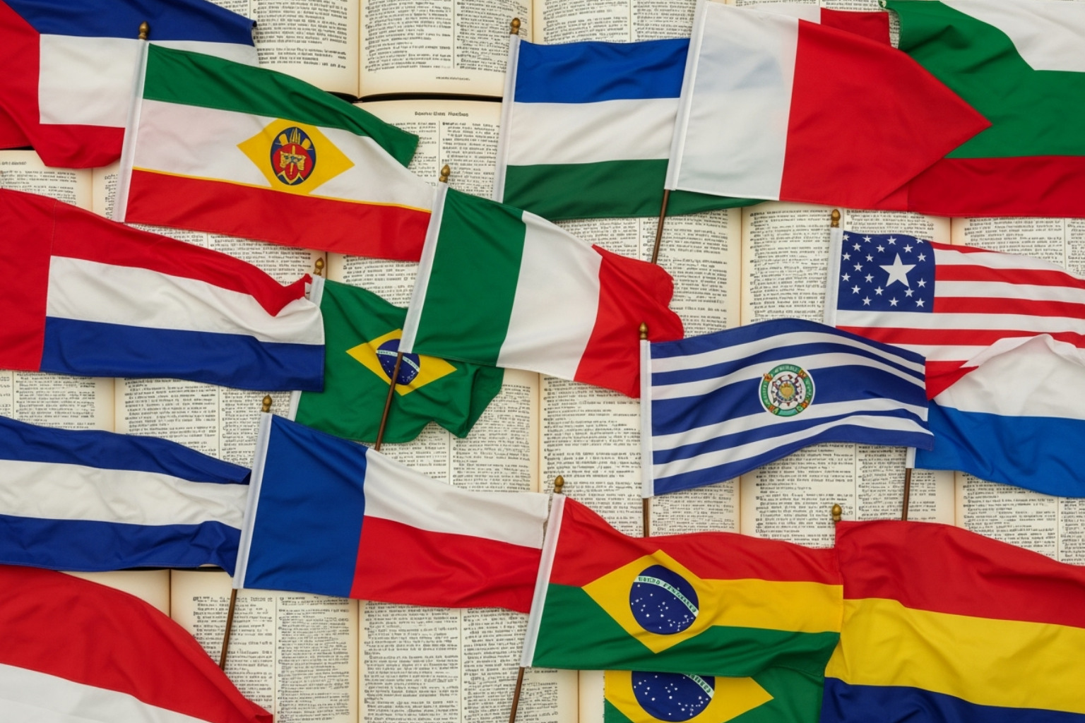 collage of flags and dictionary pages representing various languages -  sybau meaning