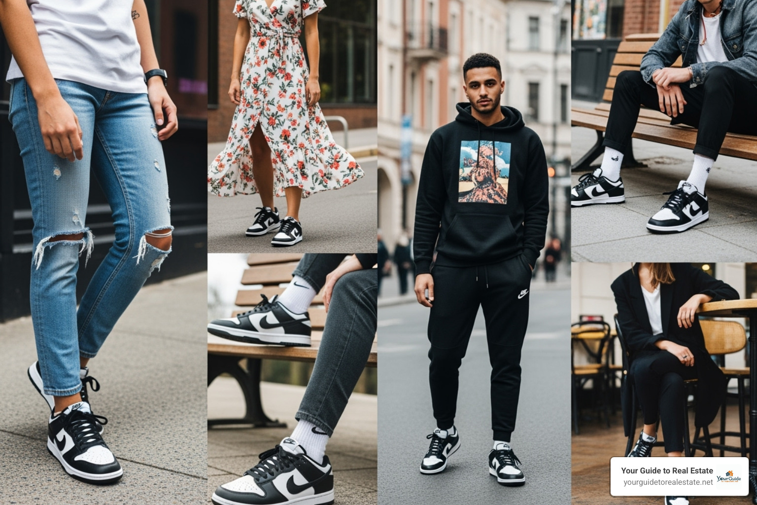 collage of different outfits styled with Panda Dunks (jeans, dresses, joggers). - panda dunks collage of different outfits styled with Panda Dunks (jeans, dresses, joggers). - panda dunks