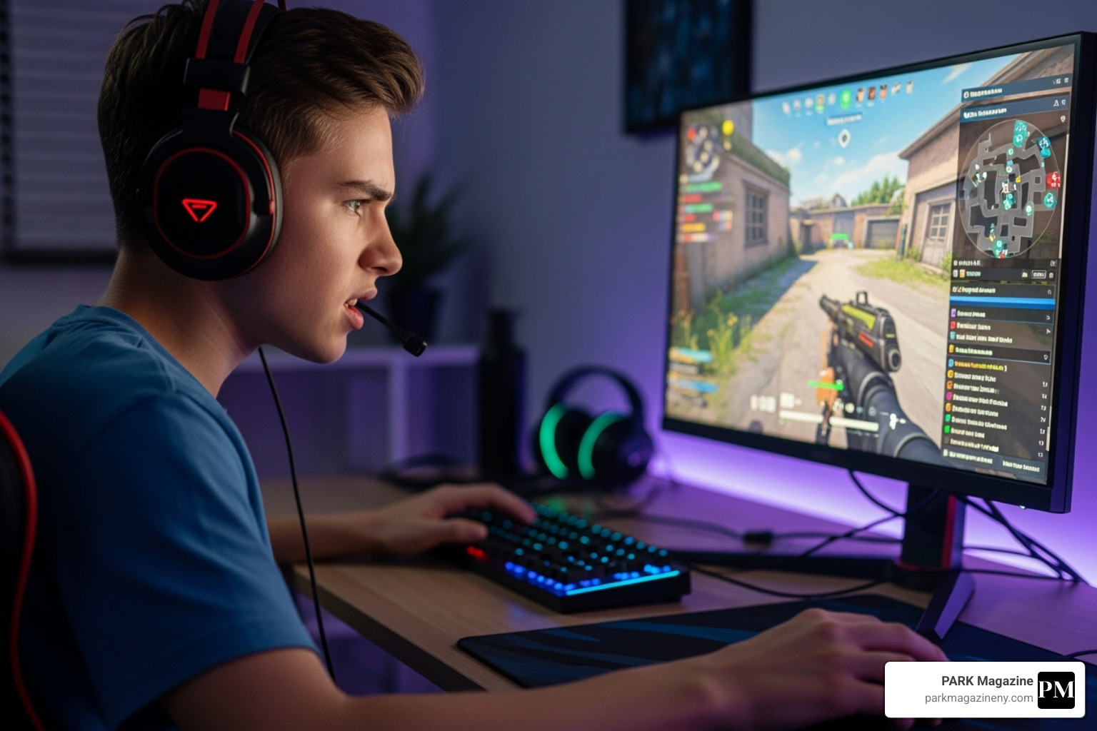 Teenager playing a video game and talking to friends online - sybau Teenager playing a video game and talking to friends online - sybau