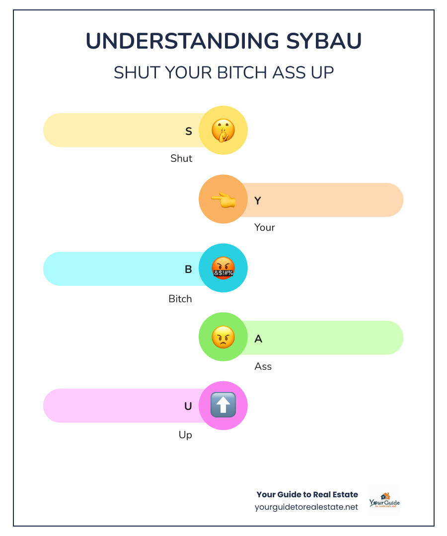 infographic showing SYBAU breakdown: S-Shut, Y-Your, B-Bitch, A-Ass, U-Up with usage context in gaming and social media - sybau infographic infographic-line-5-steps-colors