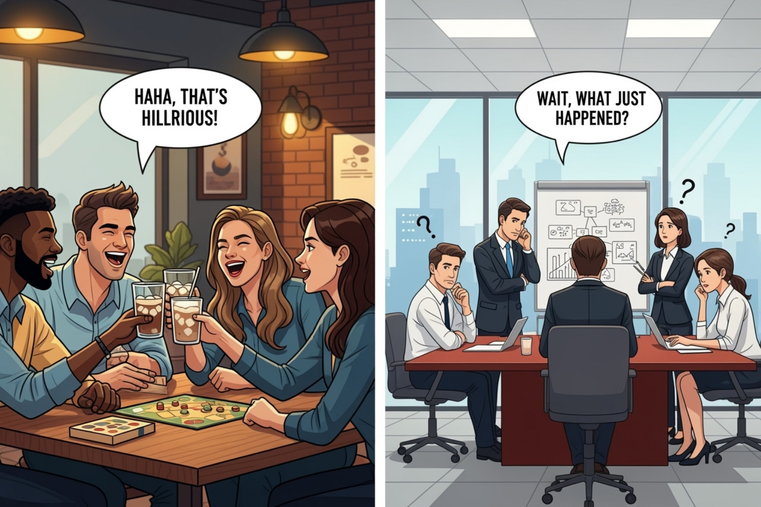 Two speech bubbles are shown. The first bubble, on the left, depicts a casual setting with friends laughing, suggesting appropriate use. The second bubble, on the right, shows an office meeting with confused faces, indicating inappropriate professional use - sybau