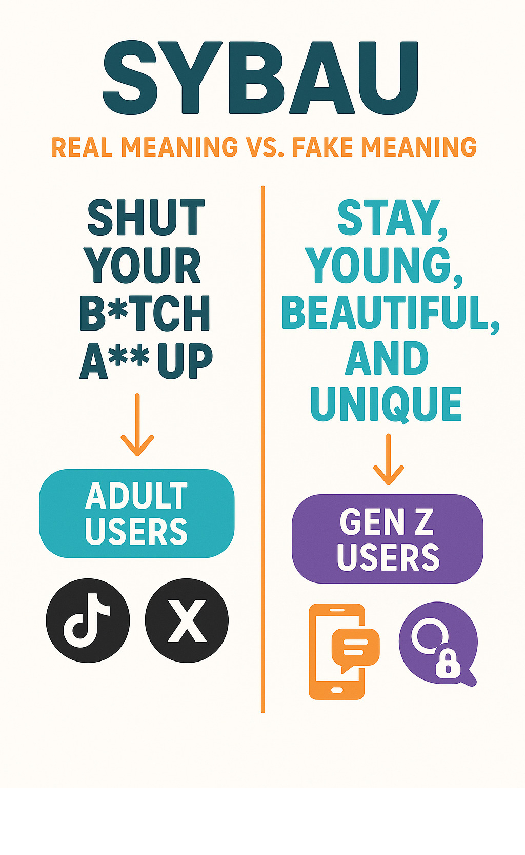 Infographic showing SYBAU's dual meanings: the real vulgar acronym 'Shut your b*tch a** up' versus the fake positive version 'Stay young, beautiful, and unique', with arrows pointing to different user groups and platforms where each is used - sybau infographic 