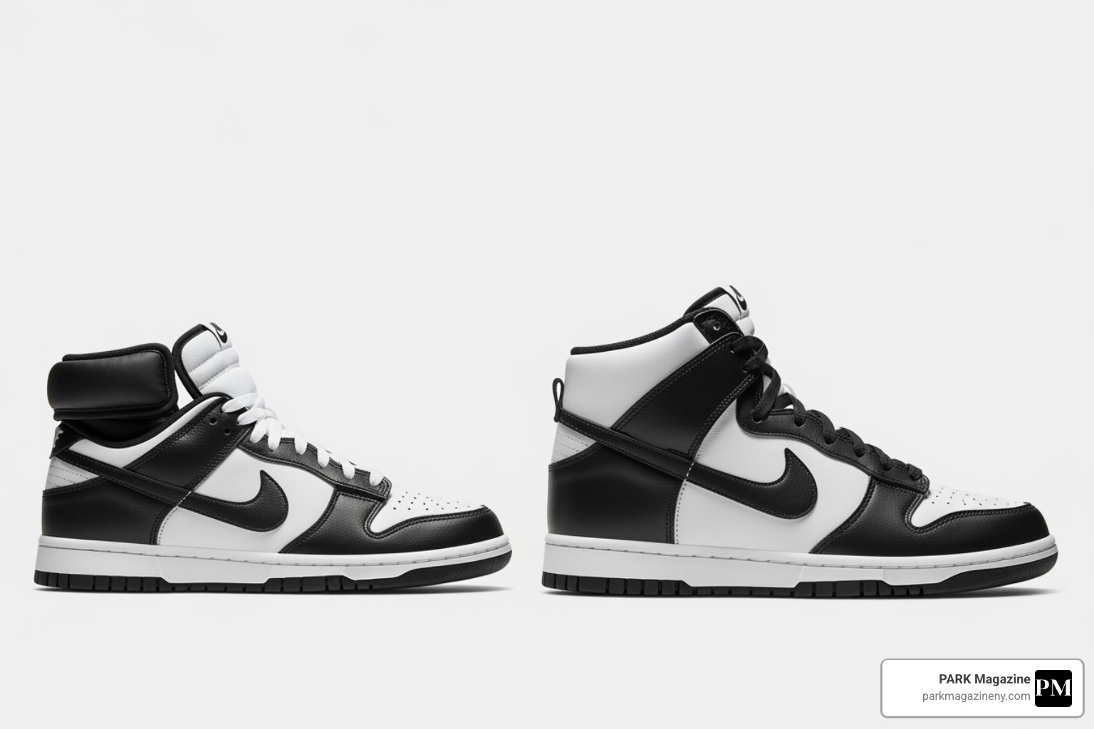 Image showing a side-by-side comparison of the Panda Dunk Low and High, highlighting the difference in ankle collar height - panda dunks