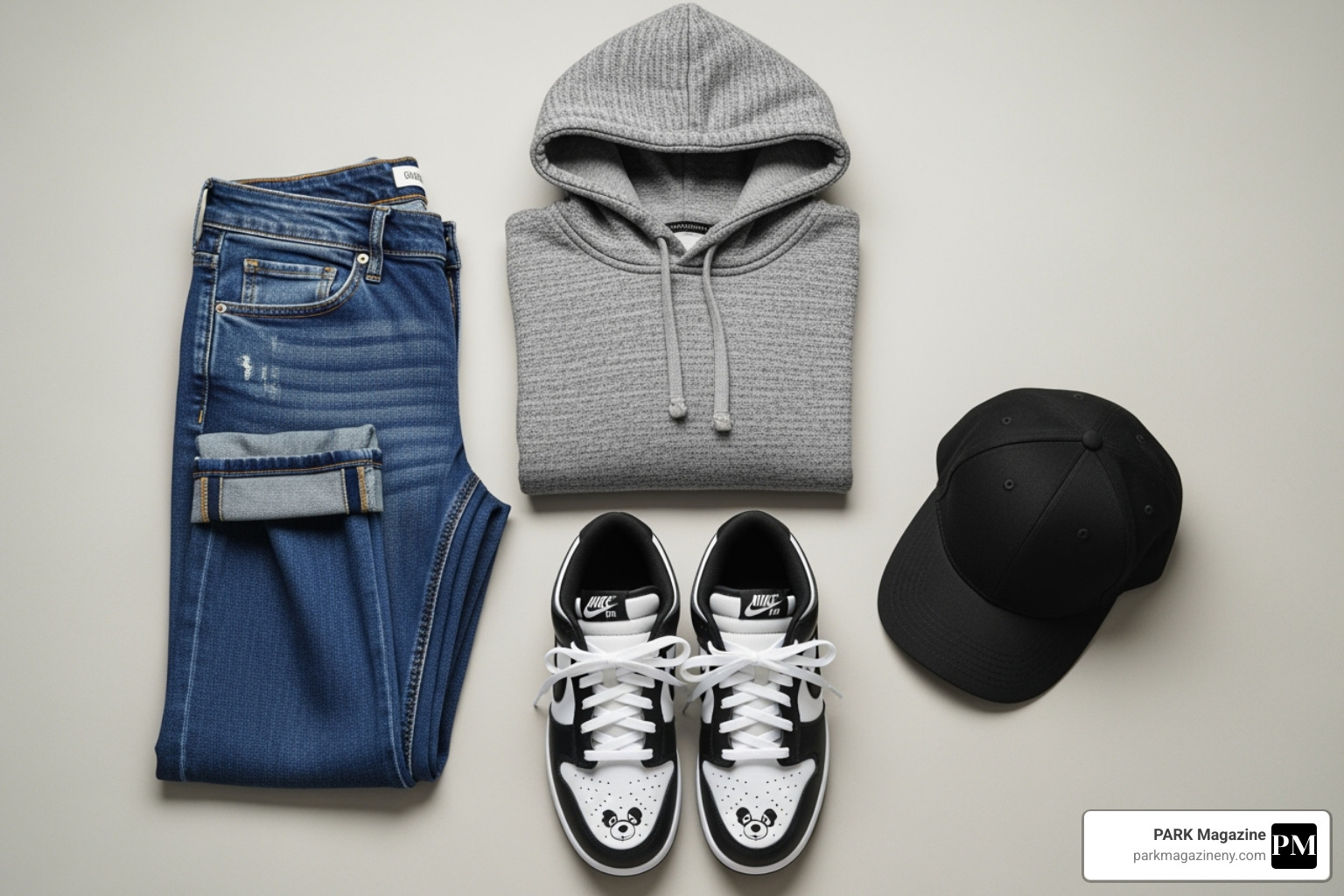 Image of a flat lay featuring Panda Dunks with a complete outfit, including jeans, a hoodie, and a cap - panda dunks