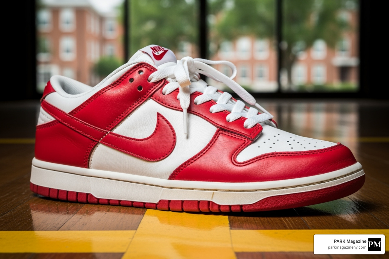 Image of the original Nike Dunk from the 1985 'Be True To Your School' campaign, showcasing its classic two-tone collegiate color blocking - panda dunks