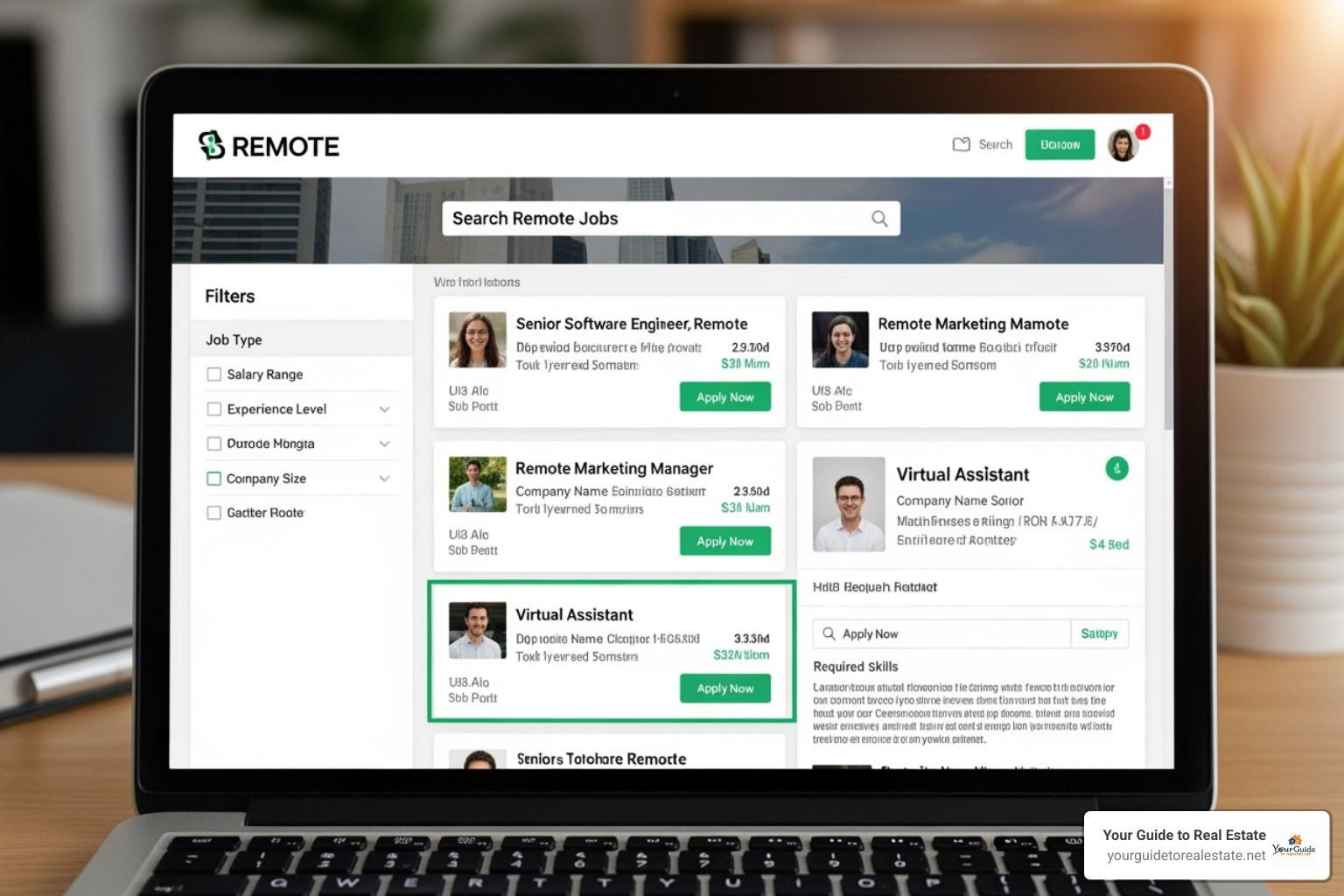 laptop screen showing a remote job board interface - work from home jobs