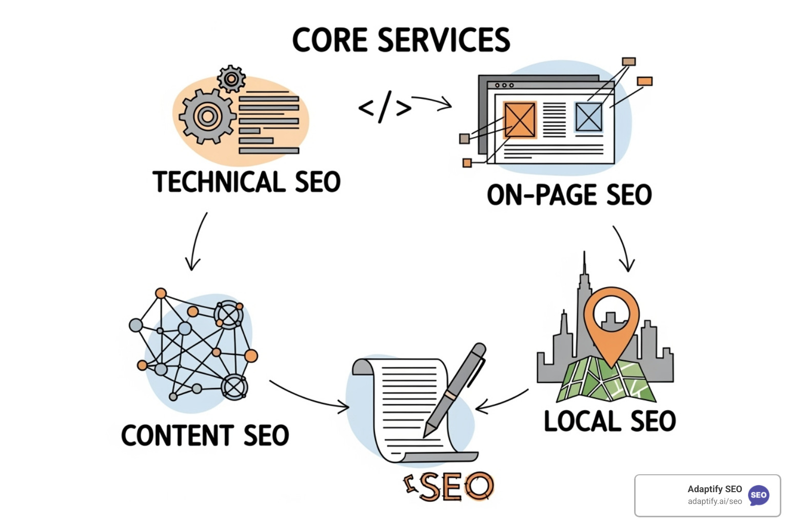 Diagram illustrating the core services of an SEO agency: Technical, On-Page, Off-Page, Content, and Local SEO - SEO for Agencies